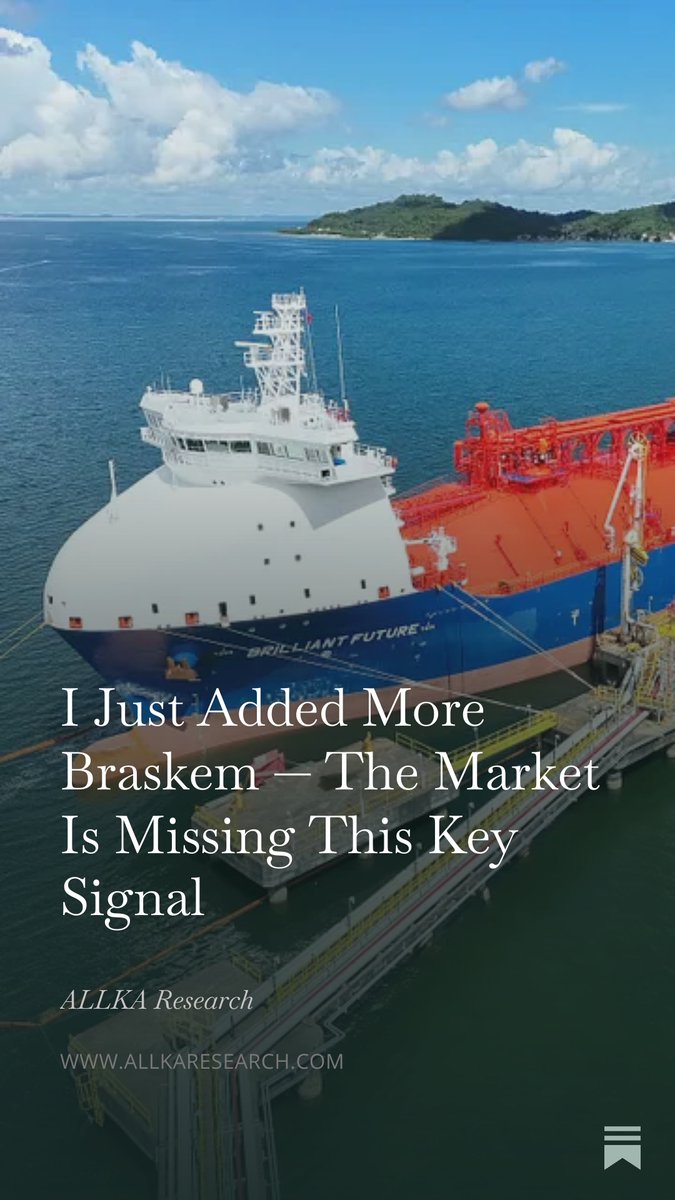 ALLKAResearch's tweet photo. As promised — my full Braskem thesis is live on Substack. Link in bio.

Here's why I added 1,500 more shares of $BAK last Wednesday, even though it's already 15%+ of my portfolio

🔴 $PBR Petrobras naphtha sales hit 88,000 bpd — highest since pre-COVID, when Braskem was printing billions in quarterly EBITDA. Up 42% YoY, 63% QoQ. 

Historical data shows a 75% hit rate between naphtha moves and resin volumes. Most analysts won't check this until earnings. By then the move is done.

🔴Braskem Idesa bonds moved from 53 → 70. In 2008, secured senior bonds were at 50–60 right before actual Chapter 11 filings. The market is pricing catastrophe. The bond market disagrees.

🔴I tracked two Braskem Idesa vessels via Maritime Optima. One went to China in mid-April — not Brazil, not Mexico. Offloaded April 22nd, now heading back to Texas. A trade route is being built in real time.

🔴 This is Part 1. Three more reasons — including the one that made me most uncomfortable — dropping mid-week on Substack.

If this is the level of detail you want on commodity equities — follow. Link in bio.