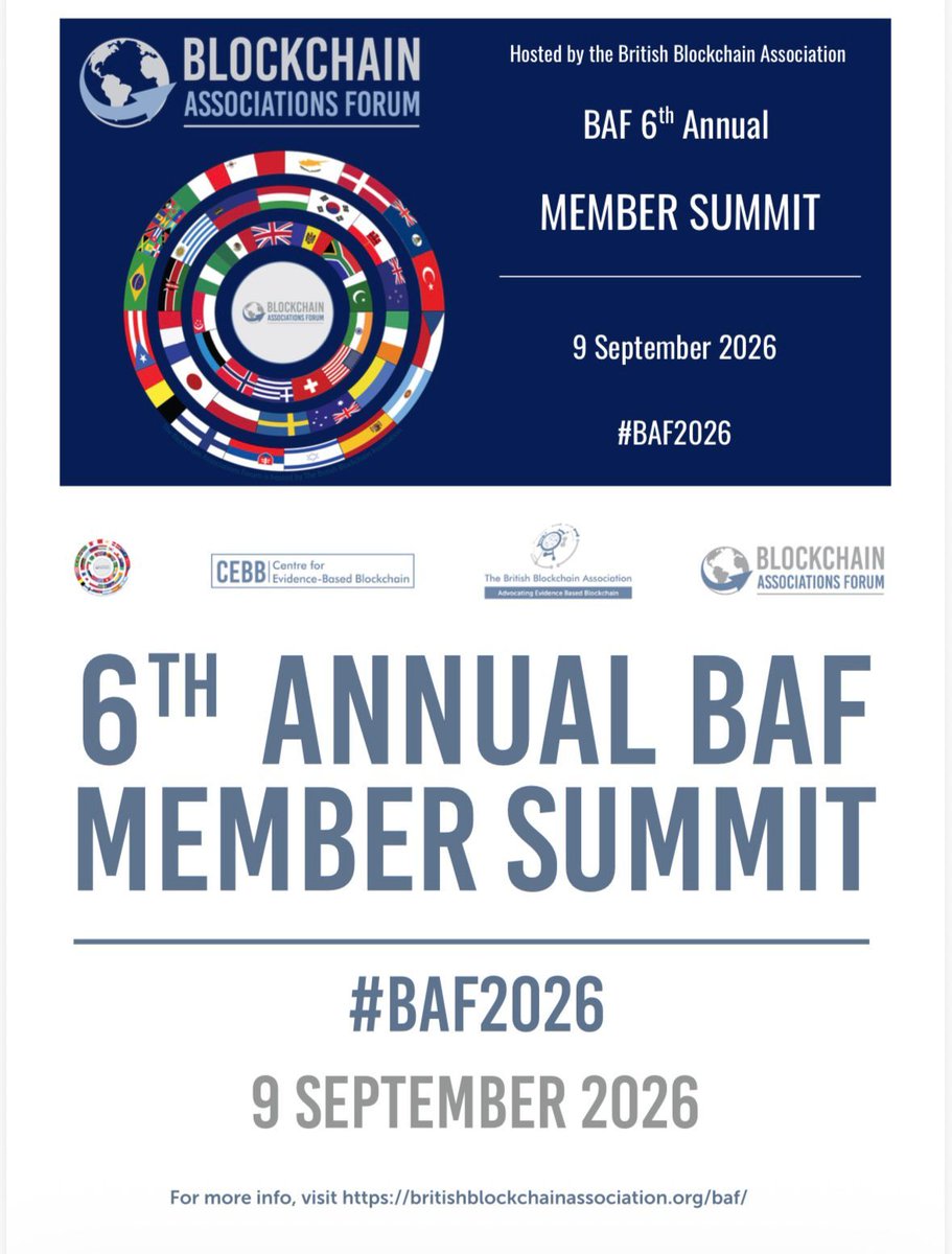 Brit_blockchain's tweet photo. 📢 We are delighted to announce that the Blockchain Associations Forum (#BAF) 6th Annual Summit will take place on 9 September 2026.

Dubbed the "united nations of blockchain", BAF is a unique global consortium of blockchain associations from 52 countries across six continents — the world's largest trans-national think tank dedicated to advancing blockchain, Web3 and digital asset technologies.

Each year, the Summit brings together #policymakers, regulators, national association #leaders, academics and #industry pioneers to share progress, exchange policy insights, and shape the future of responsible technology adoption worldwide.

👉 To understand the breadth and depth of the BAF's global impact, take a moment to scroll through the attached — six years of summits, policy contributions, research and international partnerships that have helped shape the global blockchain conversation.

#BAF2026 #Blockchain #Web3 #DigitalAssets #Policy #BBA