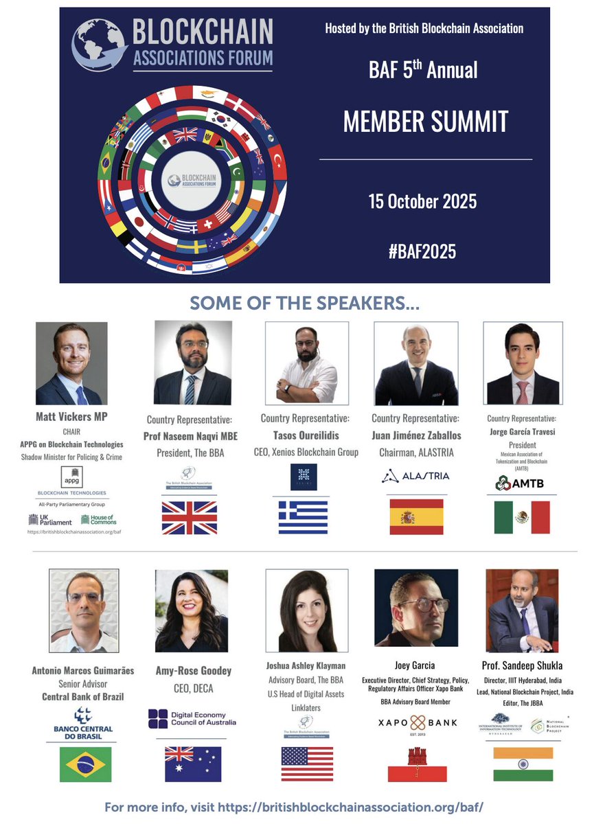 Brit_blockchain's tweet photo. 📢 We are delighted to announce that the Blockchain Associations Forum (#BAF) 6th Annual Summit will take place on 9 September 2026.

Dubbed the "united nations of blockchain", BAF is a unique global consortium of blockchain associations from 52 countries across six continents — the world's largest trans-national think tank dedicated to advancing blockchain, Web3 and digital asset technologies.

Each year, the Summit brings together #policymakers, regulators, national association #leaders, academics and #industry pioneers to share progress, exchange policy insights, and shape the future of responsible technology adoption worldwide.

👉 To understand the breadth and depth of the BAF's global impact, take a moment to scroll through the attached — six years of summits, policy contributions, research and international partnerships that have helped shape the global blockchain conversation.

#BAF2026 #Blockchain #Web3 #DigitalAssets #Policy #BBA