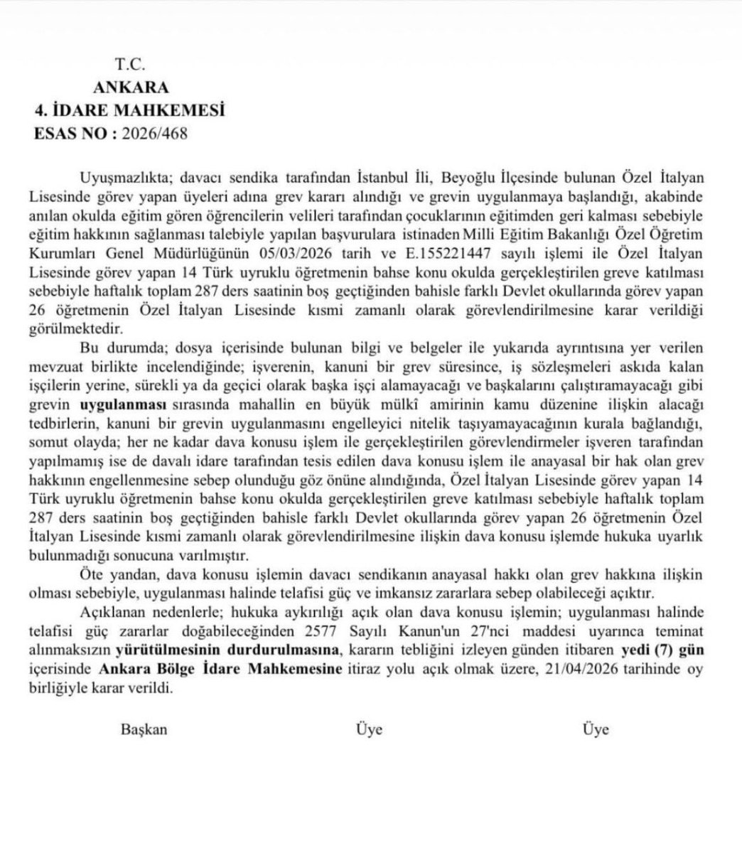 dip_org_tr's tweet photo. Özel İtalyan Lisesi öğretmenleri direnerek MEB’in grev kırıcı politikasını püskürttü! 

Üç aydır grevde hakları için mücadele eden İtalyan Lisesi eğitim emekçileri, grevlerinin ilk ayında MEB’in ikame öğretmen ataması yoluyla grev kırıcılık saldırısıyla karşı karşıya kalmıştı. 

Mücadelelerine kararlılıkla devam eden eğitim emekçileri, bu saldırıya karşı birçok eylem düzenlemişti. Bugün Ankara İdare Mahkemesi, MEB’in bu uygulamasına durdurma kararı verdi. 

Zafer direnen emekçinin olacak! Öğretmen grevi kazanacak!