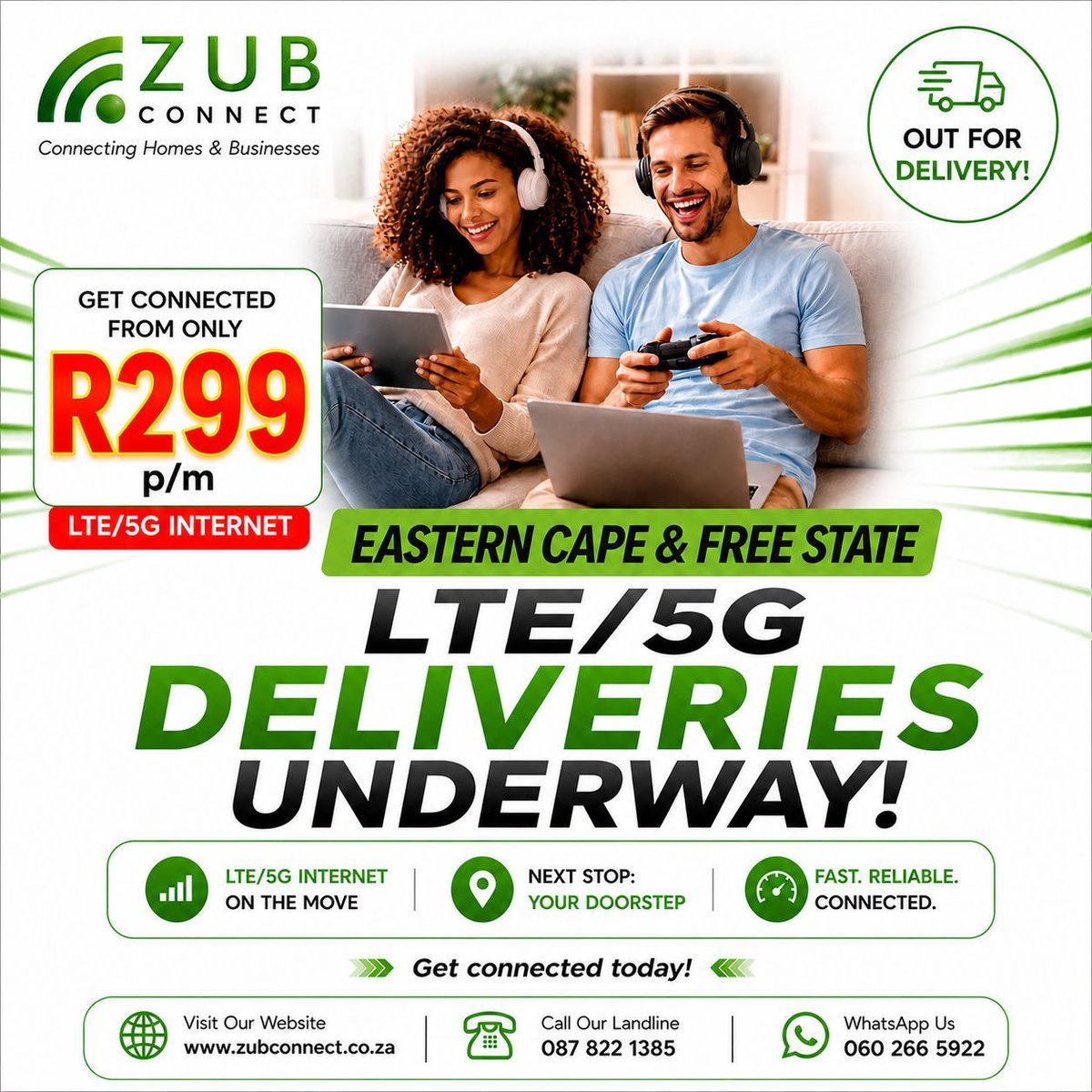 zub_connect's tweet image. Eastern Cape &amp;amp; Free State; we’re on the move 🚚📦
LTE deliveries rolling out right now.

Next stop? Your doorstep.

Get connected today!
zubconnect.co.za

#EasternCape #FreeState #LTE #FastInternet #StayConnected #ZubConnect #InternetDelivery