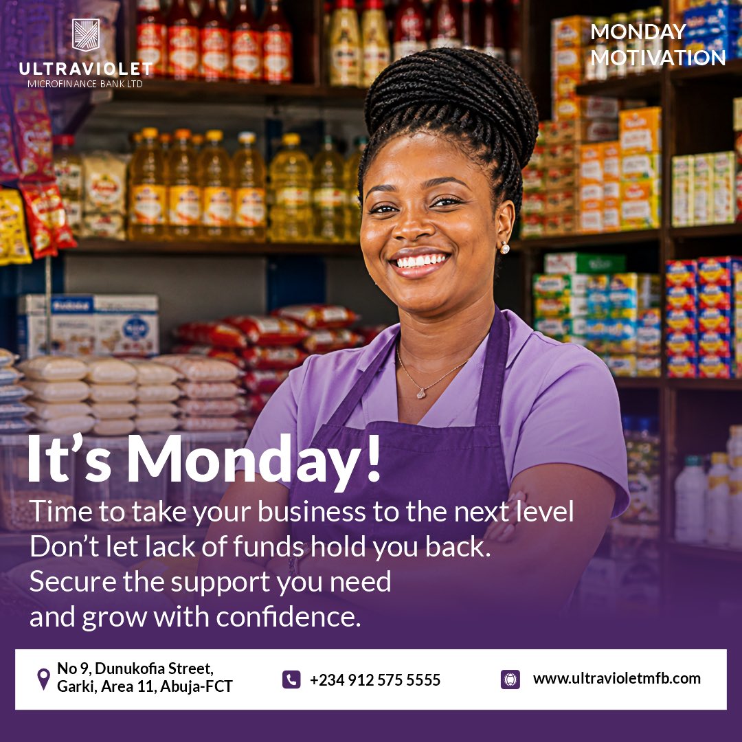 UltravioletMFB's tweet photo. New week, new opportunities 💼✨
This is your sign to stop waiting and start scaling.

At Ultraviolet MFB, we’re here to fuel your hustle — because your business deserves more than just survival… it deserves growth 🚀

Don’t let limited funds slow you down.
Step into this week with confidence, support, and the right financial backing.

Let’s build something bigger, together.

#MondayMotivation #NewWeekNewGoals #BusinessGrowth #ultravioletmfb #smebusiness