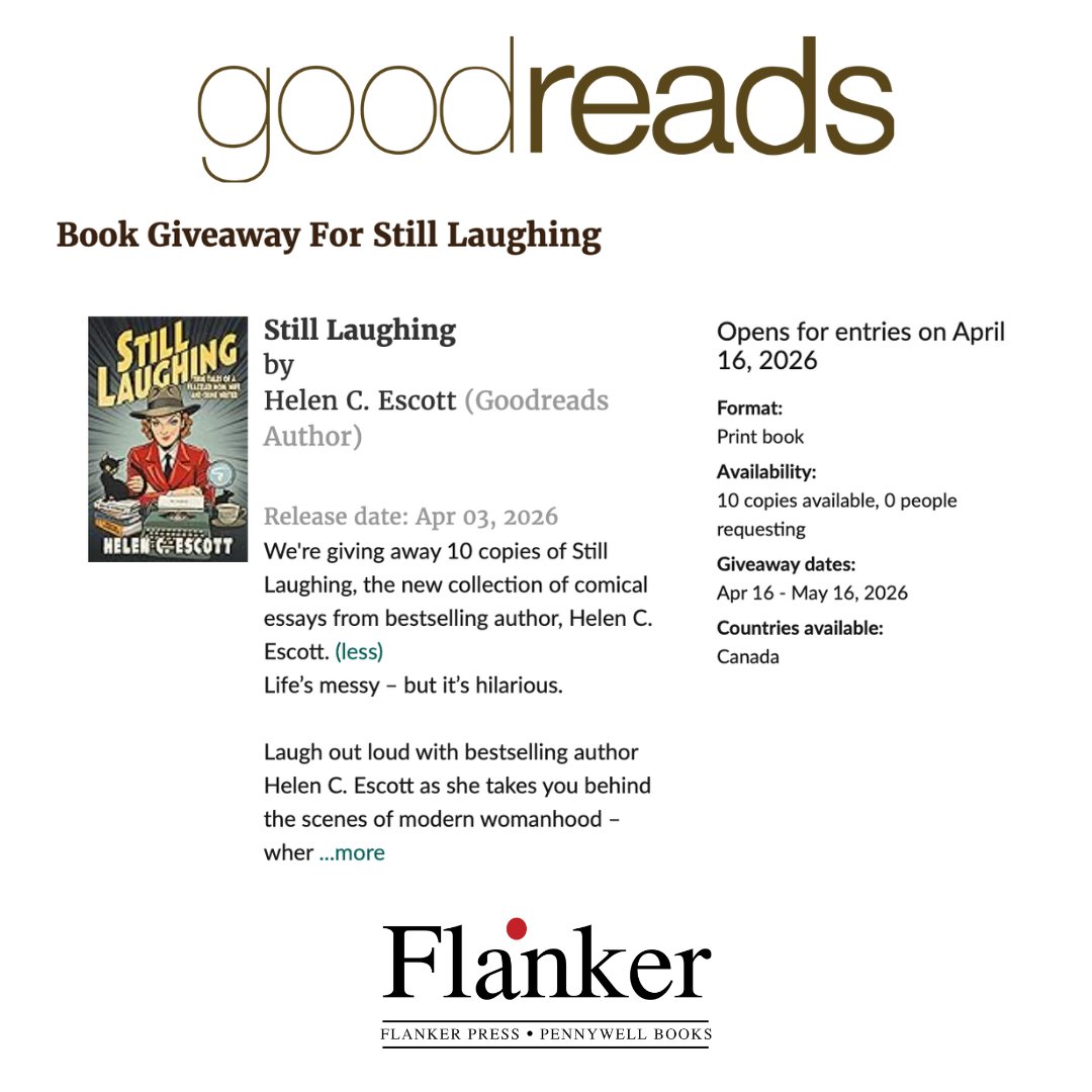 hescott's tweet photo. @flankerpress is giving away 10 copies of Still Laughing, the new collection of comical essays from bestselling author, Helen C. Escott.
To win go to: https://t.co/aHRTeGptjm
#freebooks #newsrelease #comedy https://t.co/vY659FP6Cs