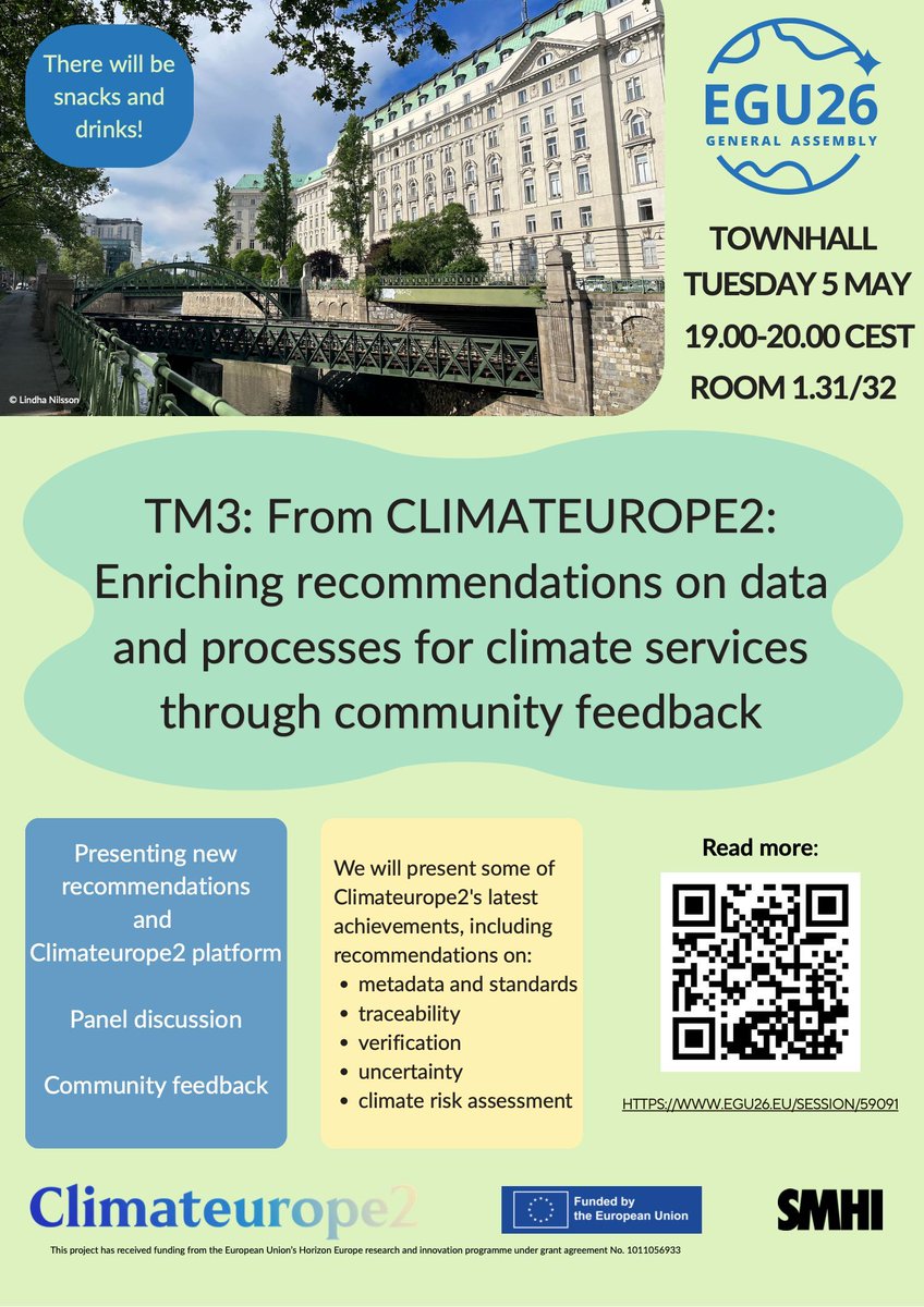 climateurope2's tweet photo. 🌍 Attending #EGU26? Don't miss our session!
📅 Tue 5 May at 19:00–20:00 CEST
📍 Room 1.31/32 | Vienna + Online
We'll present our new recommendations on metadata, traceability, verification &amp; climate risk !
🔗 https://t.co/9WcQTVF2ps
#Climateurope2 #ClimateServices #ClimateAction https://t.co/MEO9pi7l3W