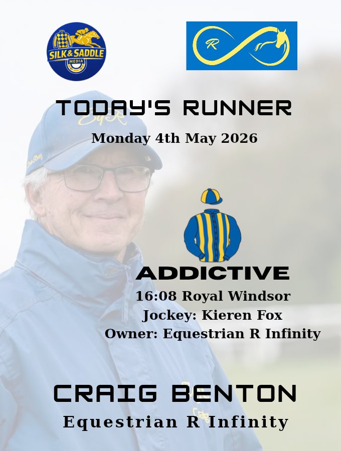 SilkSaddleMedia's tweet photo. I'm heading down to @WindsorRaces with Craig Benton and the @EqR_Infinity Team.

Addictive makes his debut for the Yard, running in the 16:08 with @kierenfox riding.

Addictive hasn't ran for 627 days but is working well at home and has ran in higher class races.

#Horseracing https://t.co/Rr2a79OJqv