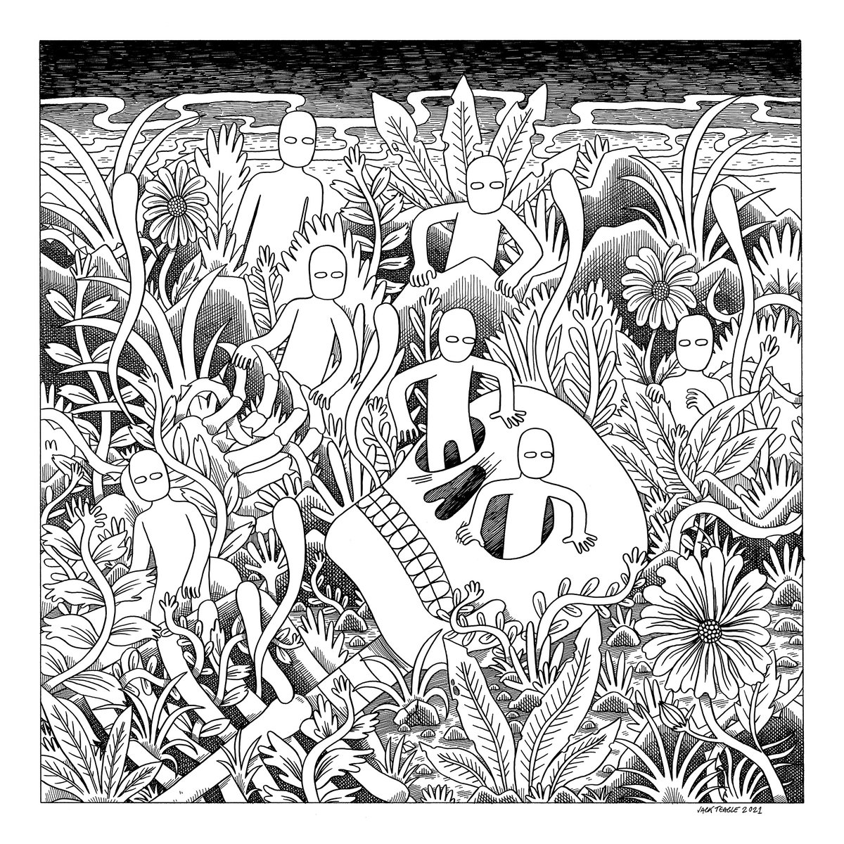 jackteagle's tweet photo. The process of “The Return”.
It stated as a sketchbook drawing, which I then refined into a large pencil drawing. 
I inked over the pencils using a lightbox, and then scanned the inks to colour the image digitally. https://t.co/odKlVtxOOv