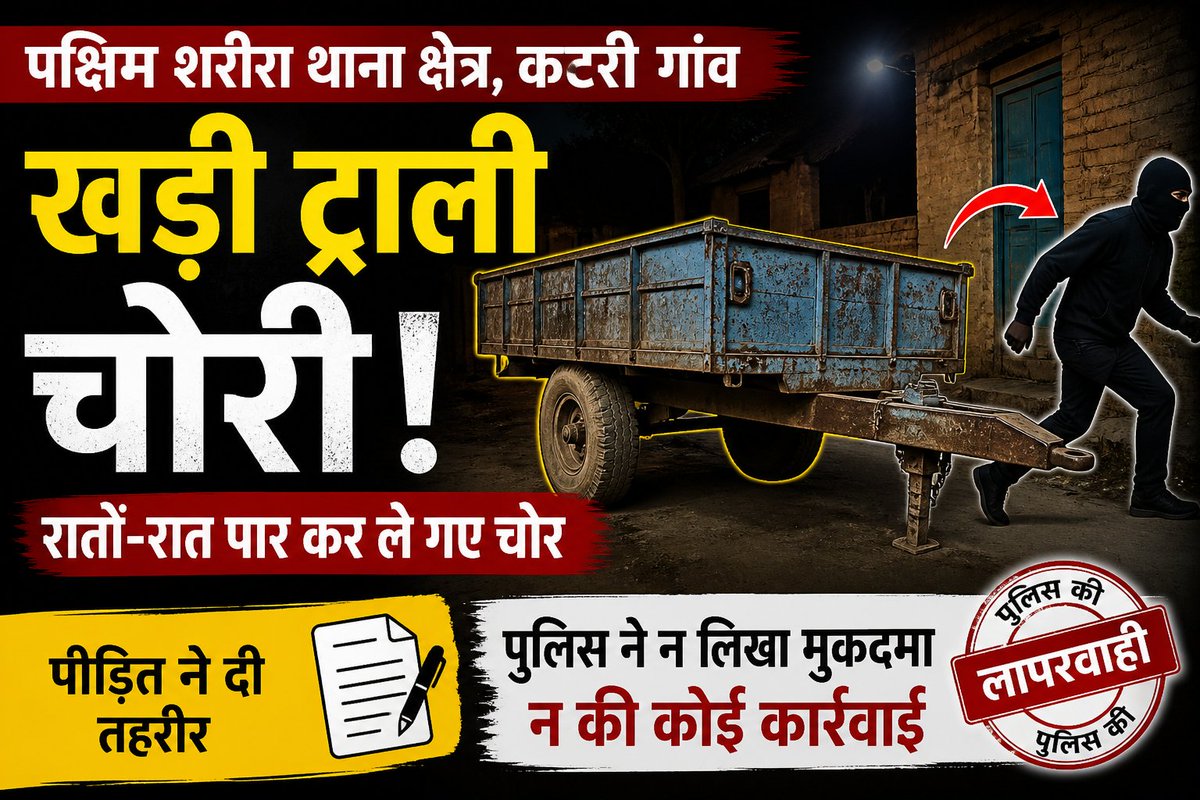 कौशाम्बी | चोरी और लापरवाही 🚨
घर के बाहर खड़ी ट्राली चोरों ने किया पार
पीड़ित ने दी तहरीर, फिर भी नहीं दर्ज हुआ मुकदमा
👉 पश्चिम शरीरा के कटरी गांव की है घटना।
<a href="/igrangealld/">IG Range Prayagraj</a> <a href="/kaushambipolice/">KAUSHAMBI POLICE</a>
<a href="/Uppolice/">UP POLICE</a> #Kaushambi #BreakingNews