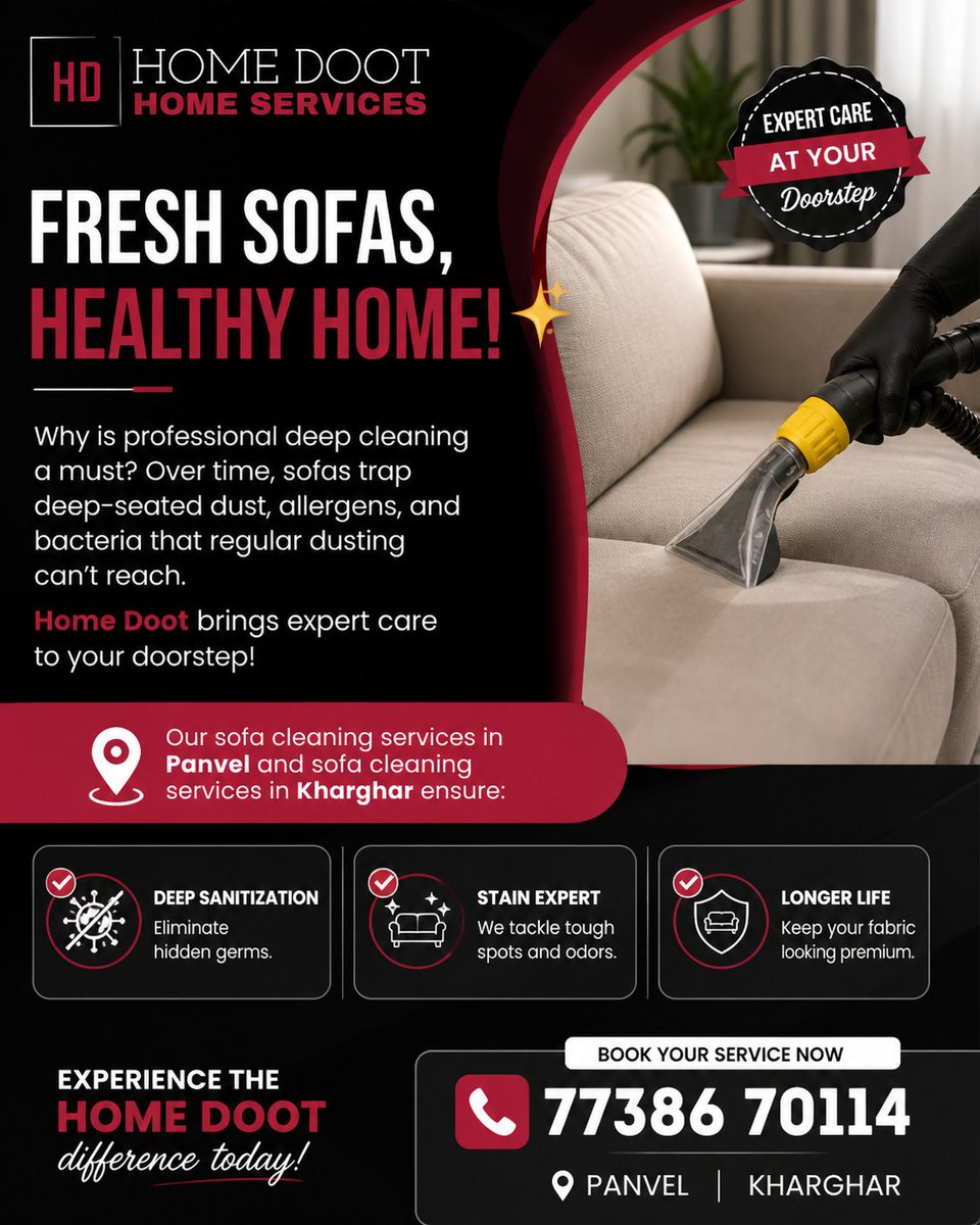 HomeDoot's tweet photo. Keep your home healthy with Home Doot! 🛋️✨

Professional sofa cleaning services in Panvel &amp; Kharghar are essential to: 
✅ Kill bacteria 
✅ Remove stains 
✅ Extend fabric life

https://t.co/gqs7Qmppzu https://t.co/gnCxEVUoDZ