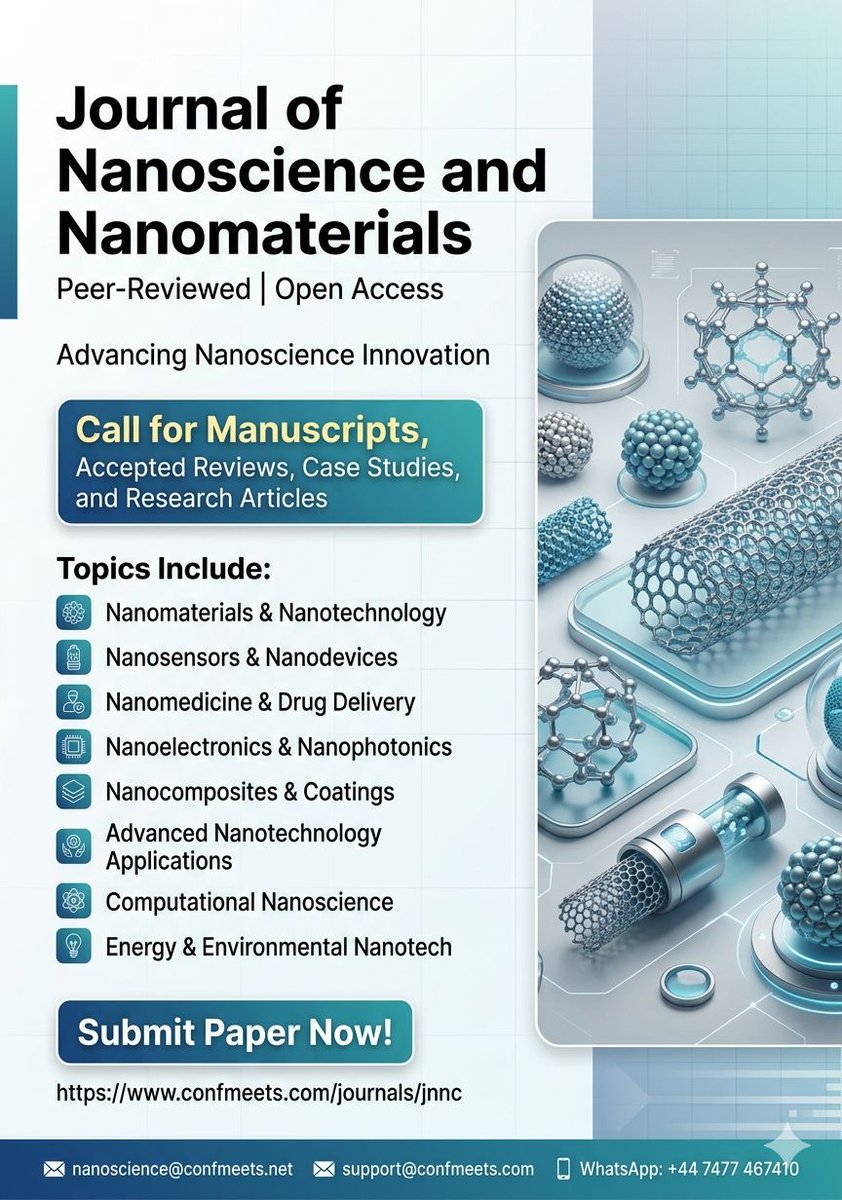 ConfmeetsJou's tweet image. The Journal of #Nanoscience and #Nanomaterials is now accepting the following:
📄 Research Articles
📑 Review Papers
🔍 Case Studies and more.
To know more details: confmeets.com/journals/jnnc
#Nanotechnology #Nanomedicine #DrugDelivery #Nanosensors #Nanodevices #Nanoelectronics