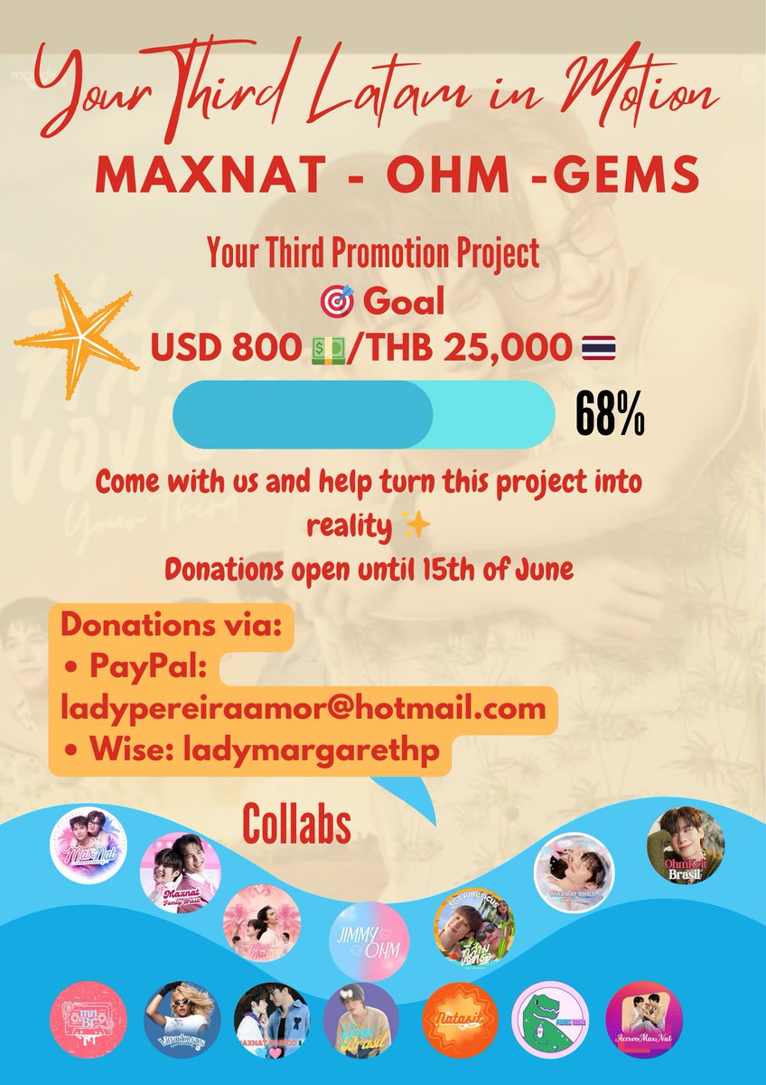 MaxNatForeverBr's tweet photo. ✨ Your Third is getting closer… and so is our project 💙

We’re back with Your Third LATAM in Motion to make this moment even more special for MaxNat 🍼🦖

We’ve already reached 68% of our goal and we’re so close to making this happen! 🥹

Every donation, every share, every bit of support truly matters. Let’s show the strength of LATAM and all our love 🤍

⏳ Donations open until June 15

💌 How to donate:
• PayPal: ladypereiraamor@hotmail.com
• Wise: ladymargarethp

📝 After donating, please fill out the form for confirmation and project organization

🔗https://t.co/vkV5IHEvWX

Let’s make this real together ✨

Collabs: @MaxNatSupportBr @maxnatfamilybr
@maxnatbr @PhayakandTacha
@AcervoMaxnat @PortalJimmyOhm
@Ohmkritbr @gemsbrasill @MaxNatchile @MqzUrzua @JGtAmericus @VittarloversOff
@NatasitBrasil

#YourThirdSeries #MaxNat #MaxNatLATAM #SupportMaxNat