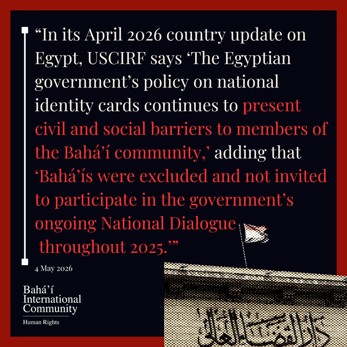 BahaiBIC_Rights's tweet photo. The Bahá’í International Community expresses its profound concern and deep disappointment at a recent ruling by Egypt’s Court of Cassation which, in overturning a prior judgment in favour of an Egyptian Bahá’í couple married for more than 45 years, risks closing any legal pathway for Bahá’ís in Egypt to obtain state recognition of their marriages.

Full statement in link: https://t.co/wRLBh7w0Tb

 #EgyptianBahaiRights