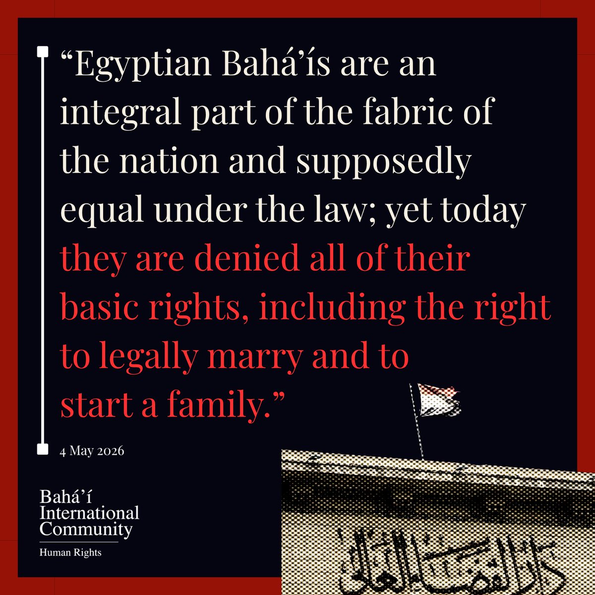 BahaiBIC_Rights's tweet photo. The Bahá’í International Community expresses its profound concern and deep disappointment at a recent ruling by Egypt’s Court of Cassation which, in overturning a prior judgment in favour of an Egyptian Bahá’í couple married for more than 45 years, risks closing any legal pathway for Bahá’ís in Egypt to obtain state recognition of their marriages.

Full statement in link: https://t.co/wRLBh7w0Tb

 #EgyptianBahaiRights