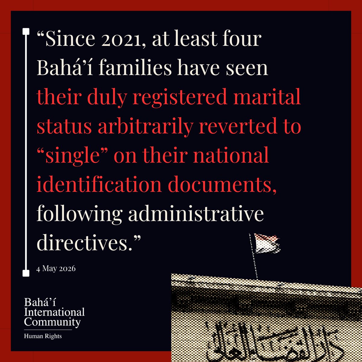 BahaiBIC_Rights's tweet photo. The Bahá’í International Community expresses its profound concern and deep disappointment at a recent ruling by Egypt’s Court of Cassation which, in overturning a prior judgment in favour of an Egyptian Bahá’í couple married for more than 45 years, risks closing any legal pathway for Bahá’ís in Egypt to obtain state recognition of their marriages.

Full statement in link: https://t.co/wRLBh7w0Tb

 #EgyptianBahaiRights