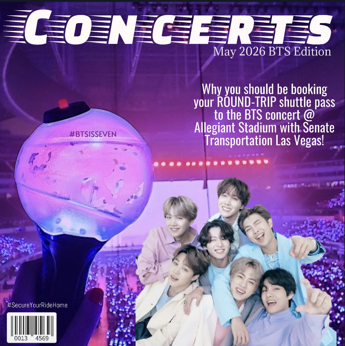 SenateTransport's tweet image. The latest edition of the #Concerts Magazine for the month of #May is out &amp;amp; 💜#BTS has taken over the front cover just as they plan to take over #AllegiantStadium 
.
➖Book a $65.00 ROUND-TRIP shuttle pass to the #BTSconcert on May 23rd, 24th, 27th, or 28th. 
.
Book Online: 💻