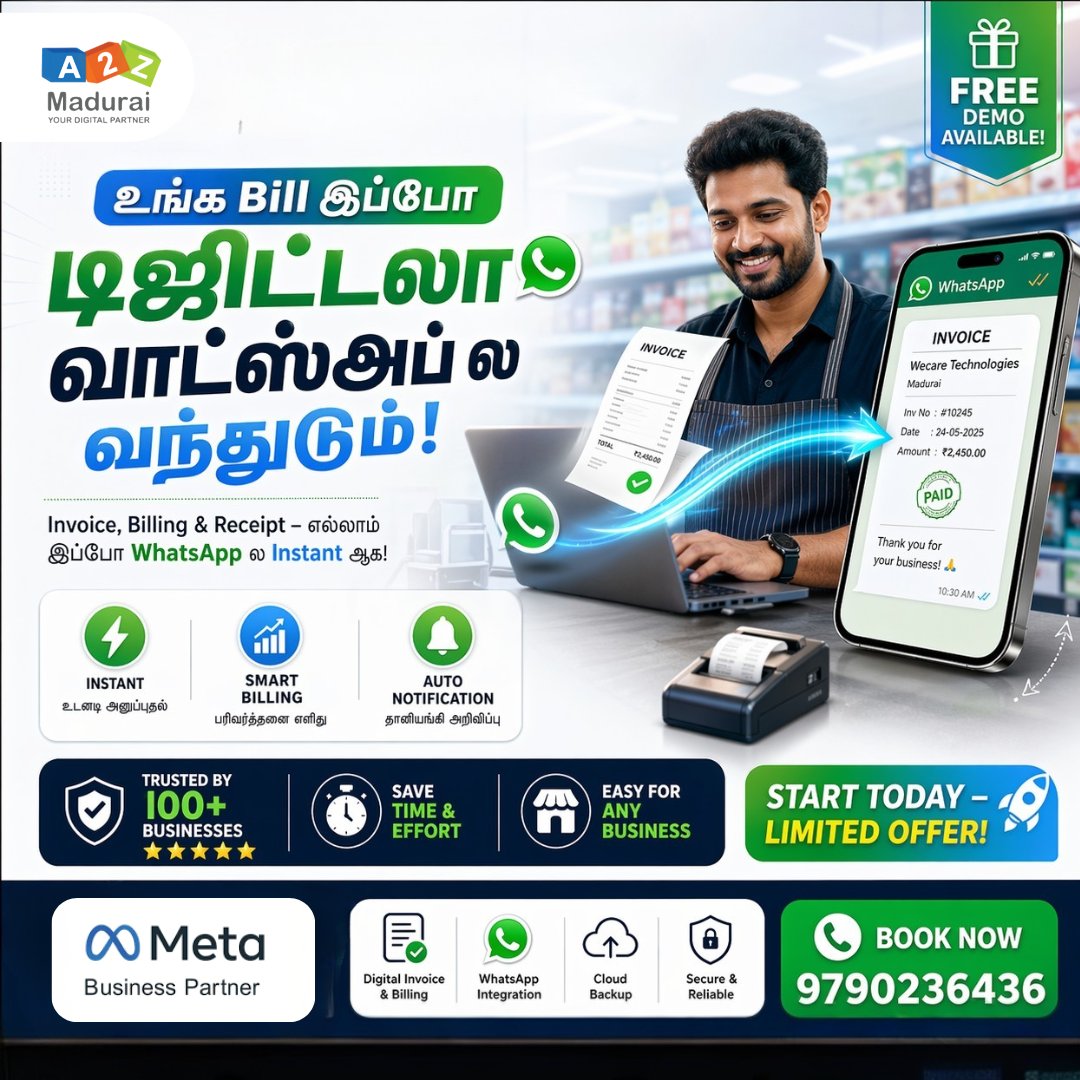 a2zmadurai's tweet photo. Still making bills manually? Big mistake.

Your competitor just sent an invoice on WhatsApp in 5 seconds.

You’re still typing it.

⚡ Instant billing
📲 Auto notifications
💸 Faster payments
Upgrade or get left behind.
👉 Free demo now

#StartupIndia #BusinessTips #Automation https://t.co/Il0MFm7CaG