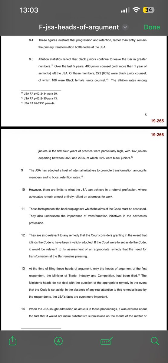 tumisole's tweet photo. #CountryDuty 

Below are high level pointers that I’m sharing from the Amicus (friend of the court) the Joburg Society of Advocates submissions in the #LegalPracticeCode matter. 

The role of an Amicus is to help the court reach a decision & often they submit facts and statistics for consideration by the Court. 

The submissions are brilliant sadly point to a systemic & long journey ahead in the legal profession especially with regards to transformation: 

- The JSA's membership has undergone significant demographic changes over
the last three decades. 

- As of late 2025, 55% of the JSA’s members are black and 39% are women, 11 compared with the overwhelming white and male Bar of the past.

However, these numbers belie the stubborn inequalities that remain at the Bar, as is evident at the level of senior counsel and in the high attrition rates among juniors.

Of the 238 senior counsel at the JSA at the end of 2025, 171 were white (71.8%),
of which 148 were white men (62.2%). 

There were only 45 black silks (18.9%) of which the overwhelming majority (37) were men. There were only eight black African women senior counsel, constituting just 3.36% of all silks.

These figures illustrate that progression and retention, rather than entry, remain
the primary transformation bottlenecks at the JSA.

Attrition statistics reflect that black juniors continue to leave the Bar in greater
numbers.

Over the last 5 years, 406 junior counsel (with more than 1 year of seniority) left the JSA. 

Of these members, 272 (66%) were Black junior counsel; of which 108 were Black female junior counsel.

The attrition rates amongst juniors in the first four years of practice were particularly high, with 142 juniors departing between 2020 and 2025, of which 85% were black juniors.’