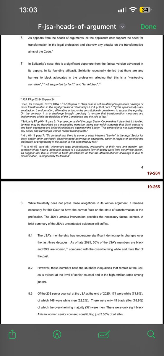 tumisole's tweet photo. #CountryDuty 

Below are high level pointers that I’m sharing from the Amicus (friend of the court) the Joburg Society of Advocates submissions in the #LegalPracticeCode matter. 

The role of an Amicus is to help the court reach a decision & often they submit facts and statistics for consideration by the Court. 

The submissions are brilliant sadly point to a systemic & long journey ahead in the legal profession especially with regards to transformation: 

- The JSA's membership has undergone significant demographic changes over
the last three decades. 

- As of late 2025, 55% of the JSA’s members are black and 39% are women, 11 compared with the overwhelming white and male Bar of the past.

However, these numbers belie the stubborn inequalities that remain at the Bar, as is evident at the level of senior counsel and in the high attrition rates among juniors.

Of the 238 senior counsel at the JSA at the end of 2025, 171 were white (71.8%),
of which 148 were white men (62.2%). 

There were only 45 black silks (18.9%) of which the overwhelming majority (37) were men. There were only eight black African women senior counsel, constituting just 3.36% of all silks.

These figures illustrate that progression and retention, rather than entry, remain
the primary transformation bottlenecks at the JSA.

Attrition statistics reflect that black juniors continue to leave the Bar in greater
numbers.

Over the last 5 years, 406 junior counsel (with more than 1 year of seniority) left the JSA. 

Of these members, 272 (66%) were Black junior counsel; of which 108 were Black female junior counsel.

The attrition rates amongst juniors in the first four years of practice were particularly high, with 142 juniors departing between 2020 and 2025, of which 85% were black juniors.’