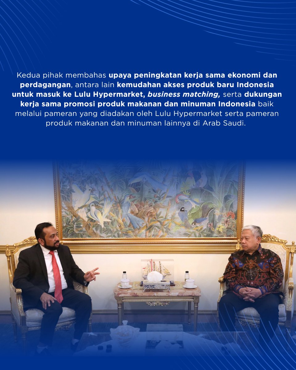 IndonesiaInRYD's tweet image. KBRI Riyadh perkuat kerja sama Ekonomi dan Perdagangan dengan Lulu Hypermarket

Riyadh, 30 April 2026

#indonesianway #Inidiplomasi #indonesiauntukdunia #rintiskemajuan #negaramelindungi