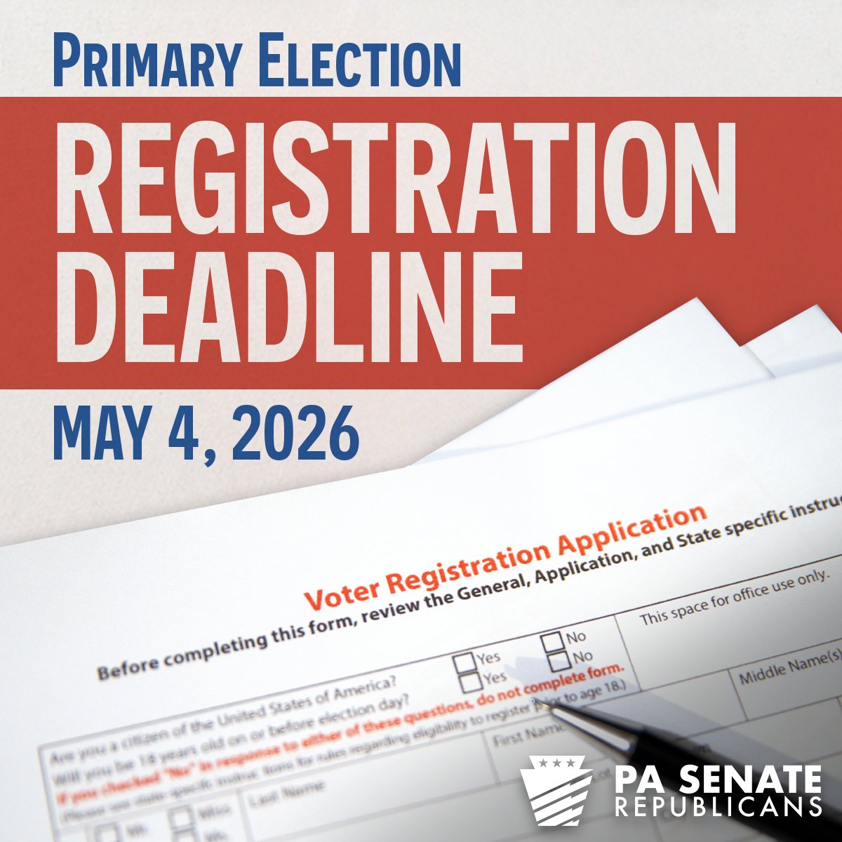 PASenateGOP's tweet photo. Time is running out – TODAY is the deadline to register to vote in the May 19 primary election. Visit https://t.co/X5YCmQlVQQ to register, check your status or request a mail-in ballot. https://t.co/8c4LGLSqch