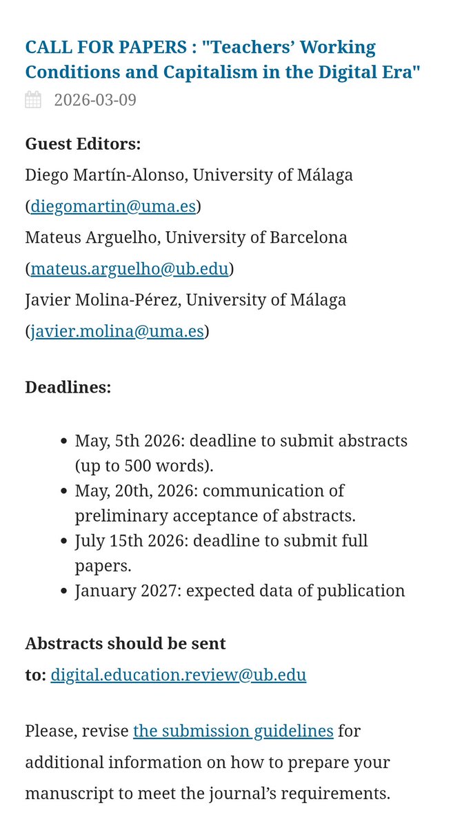 Javmolper's tweet photo. ¡Atención, comunidad académica!📢
Mañana, 5 de mayo, es el último día para enviar vuestros resúmenes (máx. 500 palabras) para el Call for Papers: "Teachers' Working Conditions and Capitalism in the Digital Era".

Para dudas👇🏼 https://t.co/FLs9gAIZXK.review@ub.edu

Info plazos👇🏼 https://t.co/D0AjhGQ8bJ