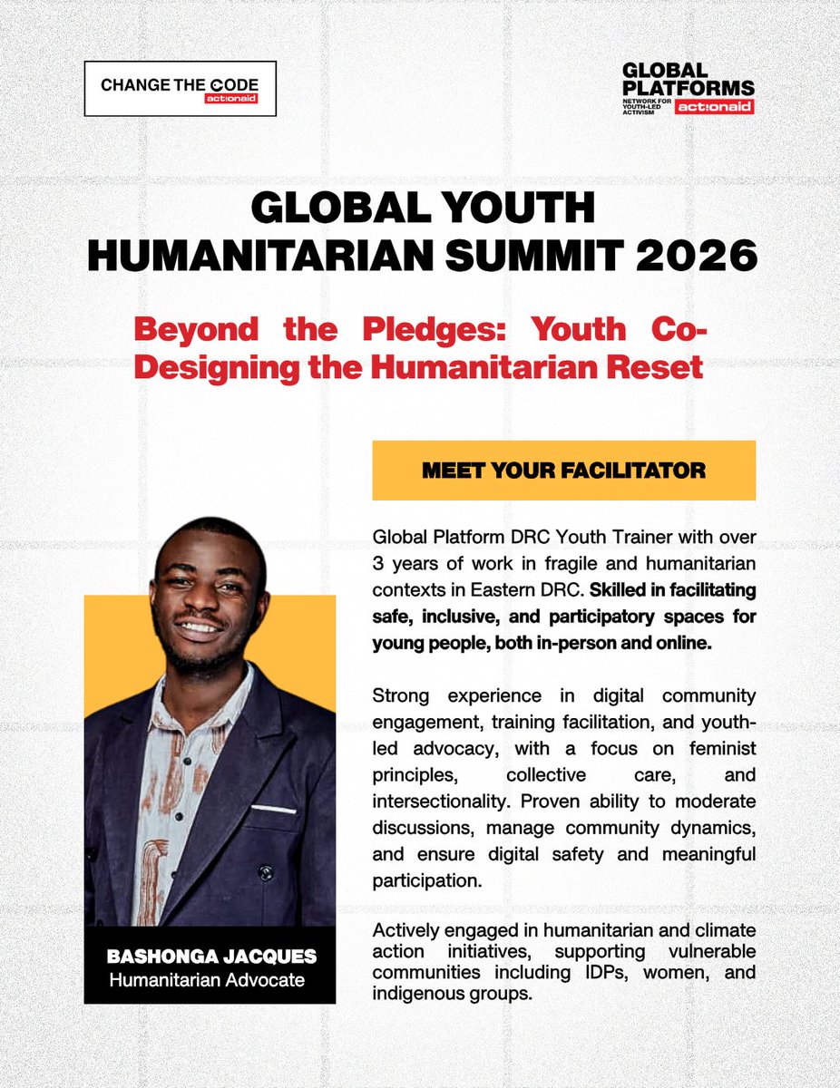 wechangethecode's tweet photo. Who is shaping the big conversation?
 3 days to go ⏳

Meet one of the voices helping shape the future of humanitarian action at the 🌍 Global Youth Humanitarian Summit 2026

#changethecode #youthleadership #humanitarianreset #globalsummit
#YouthLeadership #Localization https://t.co/mqjNT1Y6ls