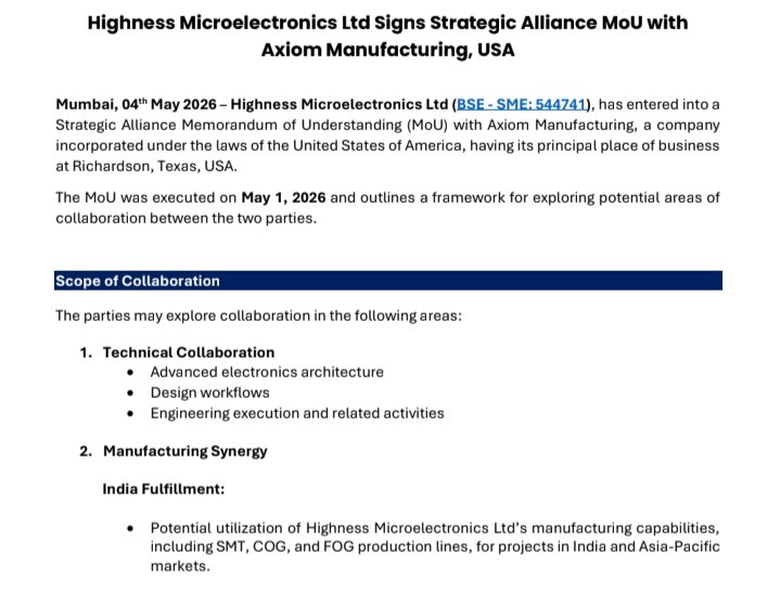 aimalpha100x's tweet photo. 1/ Big milestone for Highness Microelectronics 🚀
Company formed a strategic alliance with Axiom Manufacturing, USA, through a newly signed MoU aimed at expanding technical collaboration, manufacturing capabilities, and global market reach.
#HighnessMicroelectronics #ElectronicsManufacturing
2/ The partnership focuses on three key areas:
✅ Advanced electronics architecture
✅ Design workflows & engineering execution
✅ Shared technical expertise, infrastructure, and training
A strong step toward deeper innovation and execution excellence.
3/ Manufacturing synergy across two major regions:
🇮🇳 India: Leveraging Highness’ SMT, COG & FOG manufacturing capabilities for India + APAC markets.
🇺🇸 USA: Utilizing Axiom’s facilities and design capabilities to serve North & South America.
4/ Strategic impact of this collaboration:
🌍 Expanded access to global customers
📈 Stronger positioning in China+1 supply chain opportunities
🛰 Entry into high-value sectors including defense, aerospace & SATCOM
⚡ Enhanced engineering + PCB design capabilities
5/ This alliance represents more than a partnership—it’s a platform for innovation, scale, and global growth.
Excited for what’s ahead.
#Semiconductors #Electronics #Manufacturing #SupplyChain #GlobalExpansion