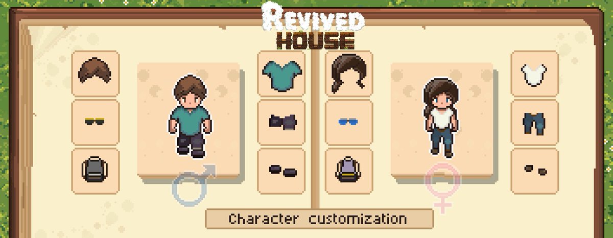 RevivedHouse's tweet image. Your story begins with a character.  

In “Revived House”, you can customize your character: hairstyle, accessories, outerwear, shoes. Of course, you choose the gender of your character. 

Who would you create?

#gamedev #pixelart #indiegame #cozygame