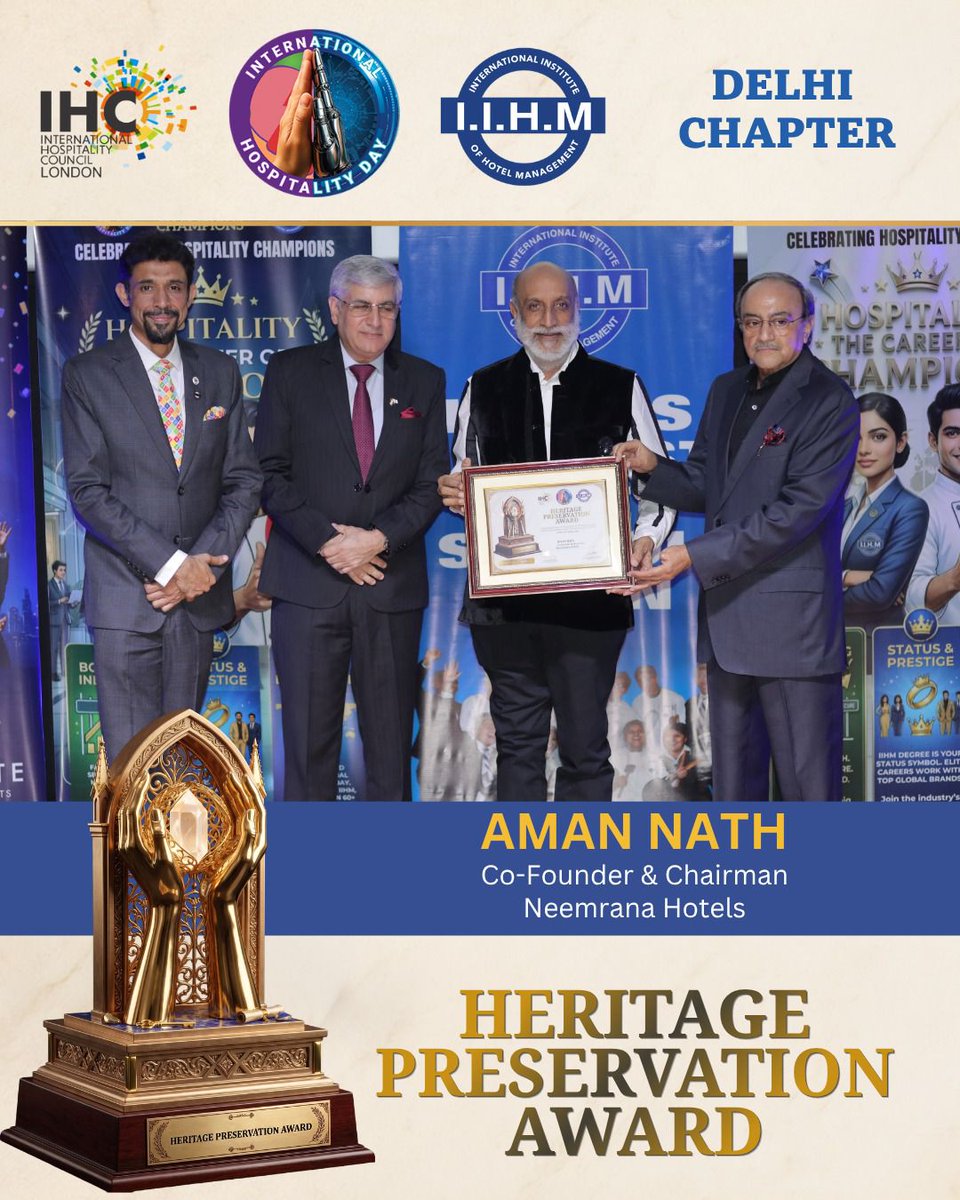 delhi_iihm's tweet image. Congratulating Mr Aman Nath, Co-Founder &amp;amp; Chairman, @Neemrana_Hotels on receiving the Heritage Preservation Award at International Hospitality Day Awards, @roseatehotels A visionary redefining heritage hospitality.

#Delhi #IHD #Hospitality #IIHM