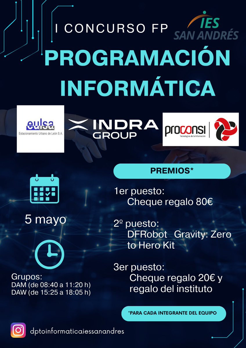 proconsi's tweet image. Nos enorgullece ser patrocinadores del I Concurso FP de #Programación #Informática organizado por el 𝗜𝗘𝗦 𝗦𝗮𝗻 𝗔𝗻𝗱𝗿𝗲́𝘀, una iniciativa que impulsa las habilidades tecnológicas de los jóvenes.

¡Mucha suerte a los participantes! 👏

#Innovación #Tecnología #SomosProconsi