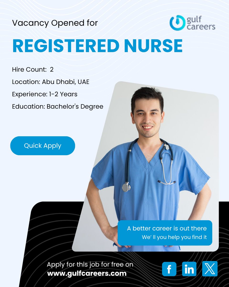 GulfcareersUae's tweet image. Position: DOH Registered Nurse (Male)

🕑 Experience Required: 1–2 Years
💰 Salary: AED 5,000 – 7,000/Month
⏳ Application Deadline: May 10, 2026
🚻 Gender Preference: Male
🎓 Education Qualification: Bachelor’s Degree

gulfcareers.com/job/abudhabi/d…

 #HealthcareJobs #UAEJobs #ApplyNow