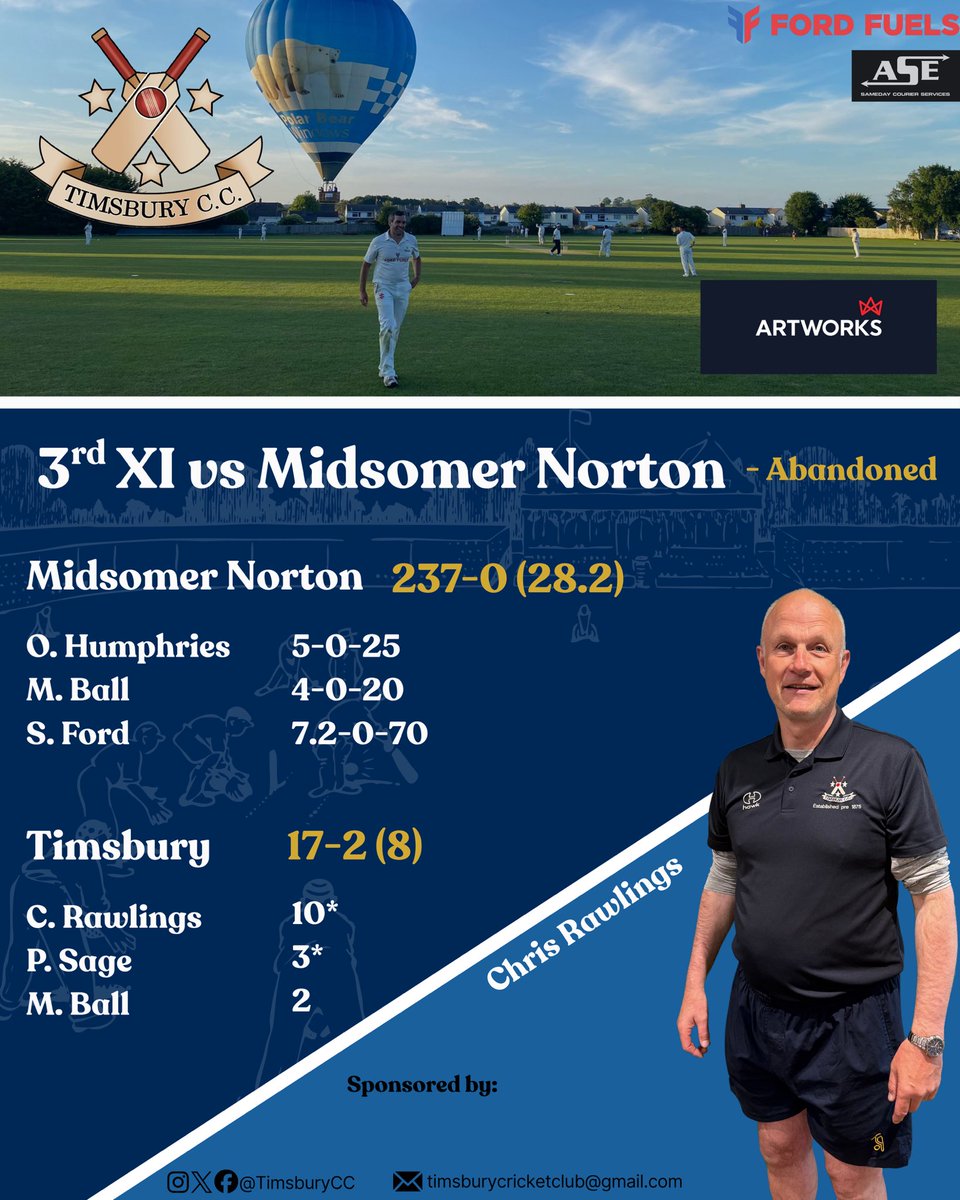 TimsburyCC's tweet photo. 🗞️ RESULTS 🗞️

As the season started Saturday, so did the rain, unfortunately meaning none of the 3 matches could be completed 🌧️

We move onto next week ➡️

Thank you again to Artworks Solutions Ltd for sponsoring the first matchday of the season 🤝 https://t.co/rpqLtjJc67