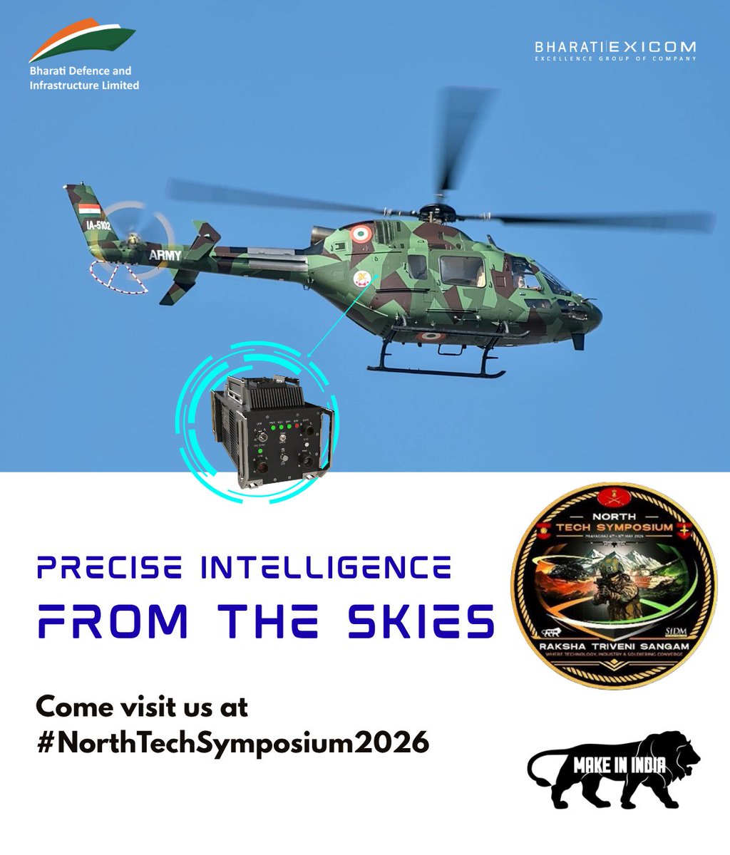 BharatiDefence's tweet photo. Real-time, reliable data feed for mission-critical airborne #ISR operations. 🚁🔗

Meet us at #NorthTechSymposium2026 to know more.

📍 Stall B 105
📅 04-06 May 2026

@SIDMIndia @adgpi @NorthernComd_IA @suryacommand

#Aviation #RakshaTriveniSangam #DefenceInnovation #MakeInIndia https://t.co/oE0HJ4VWAo