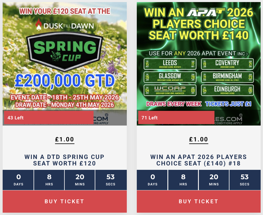 PokerRaffles's tweet photo. APAT Players Choice and DTD Spring Cup draws tonight at 9pm.  Limited tickets remain for both at https://t.co/1gQj8QzyVW

18+ Play Responsibly https://t.co/00RzVio1SV