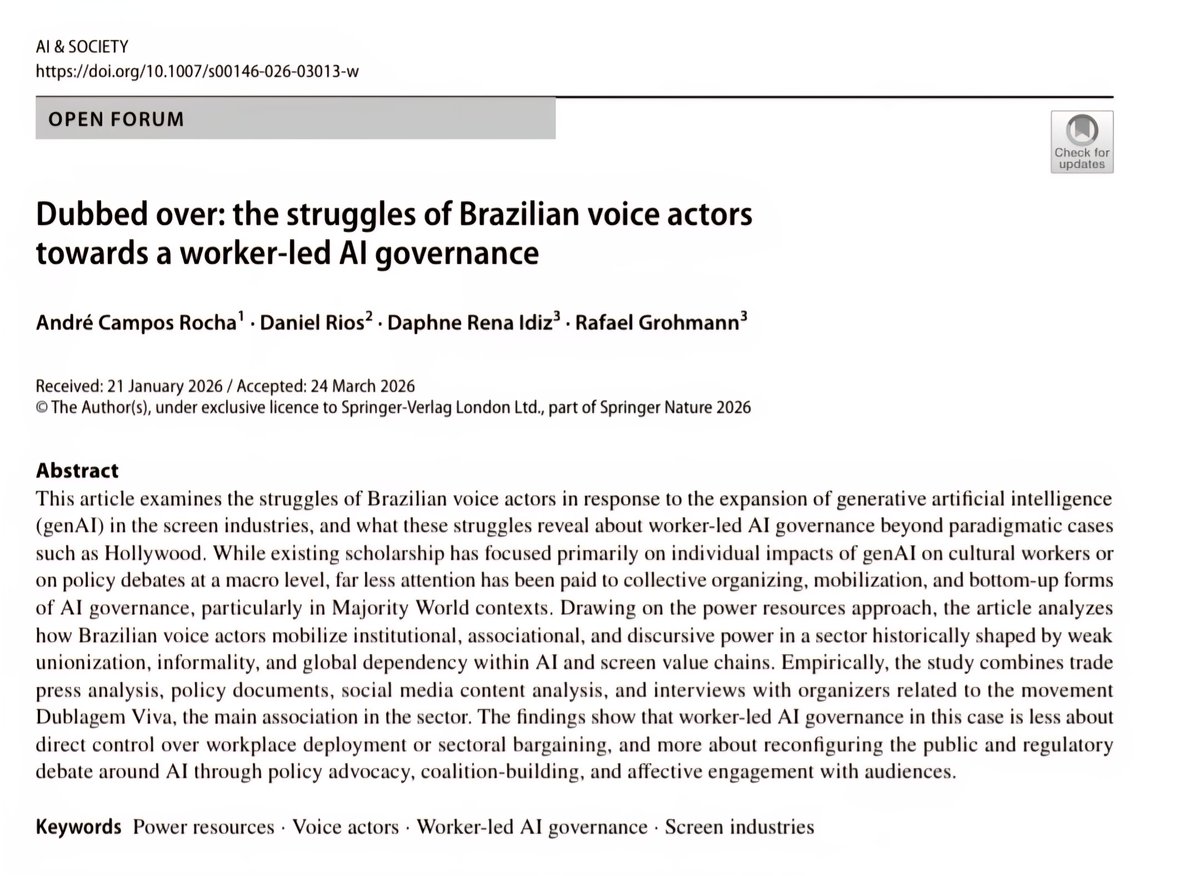 grohmann_rafael's tweet photo. Voice actors &amp; AI. New article in AI &amp; Society. Dubbed over: the struggles of Brazilian voice actors towards a worker-led AI governance

https://t.co/WZ2MmhyVvb https://t.co/IbhcKDNaTL