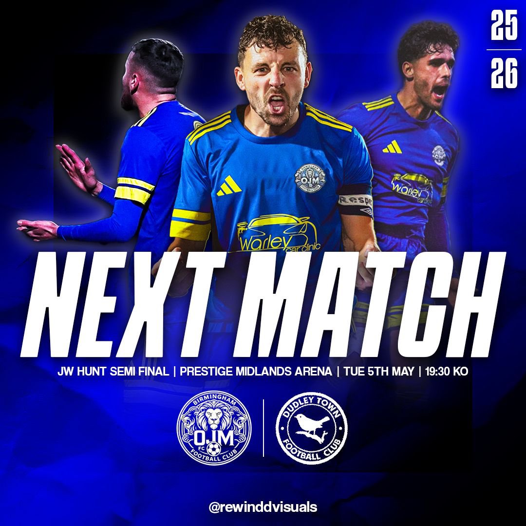 BirminghamOJM's tweet photo. 🟡🔵UP NEXT🟡🔵

We face @DudleyTownFC tomorrow in the semi final of the @JWHuntCup

📆5/5/26
📍 CASTLECROFT ROAD, CASTLECROFT, Staffordshire WV3 8NA
🕣7.30 kick 
🆚@DudleyTownFC https://t.co/cqhJ18zqyB