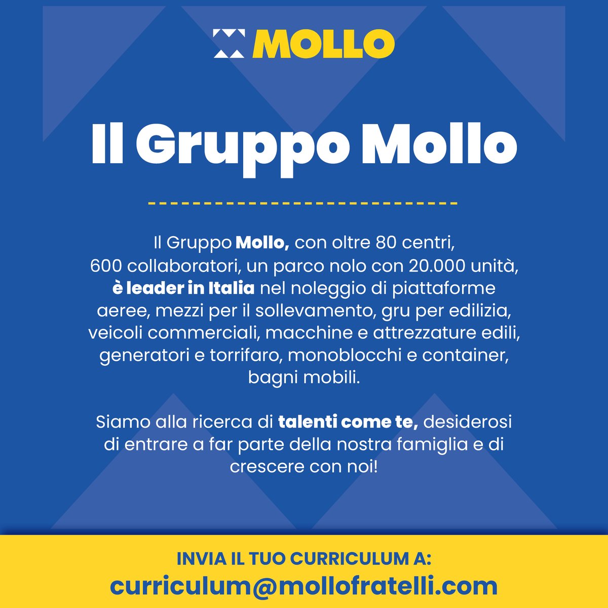 MolloNoleggio's tweet image. UNISCITI ANCHE TU AL #BLUETEAM! CERCHIAMO UN IMPIEGATO/A COMMERCIALE PER LA NOSTRA FILIALE DI MANTOVA.
👉Vuoi maggiori informazioni? Chiamaci al numero 0173.445696
👉mollofratelli.com/lavorare-in-mo…
GRUPPO MOLLO: INSIEME E’ TUTTA UN’ALTRA COSA!