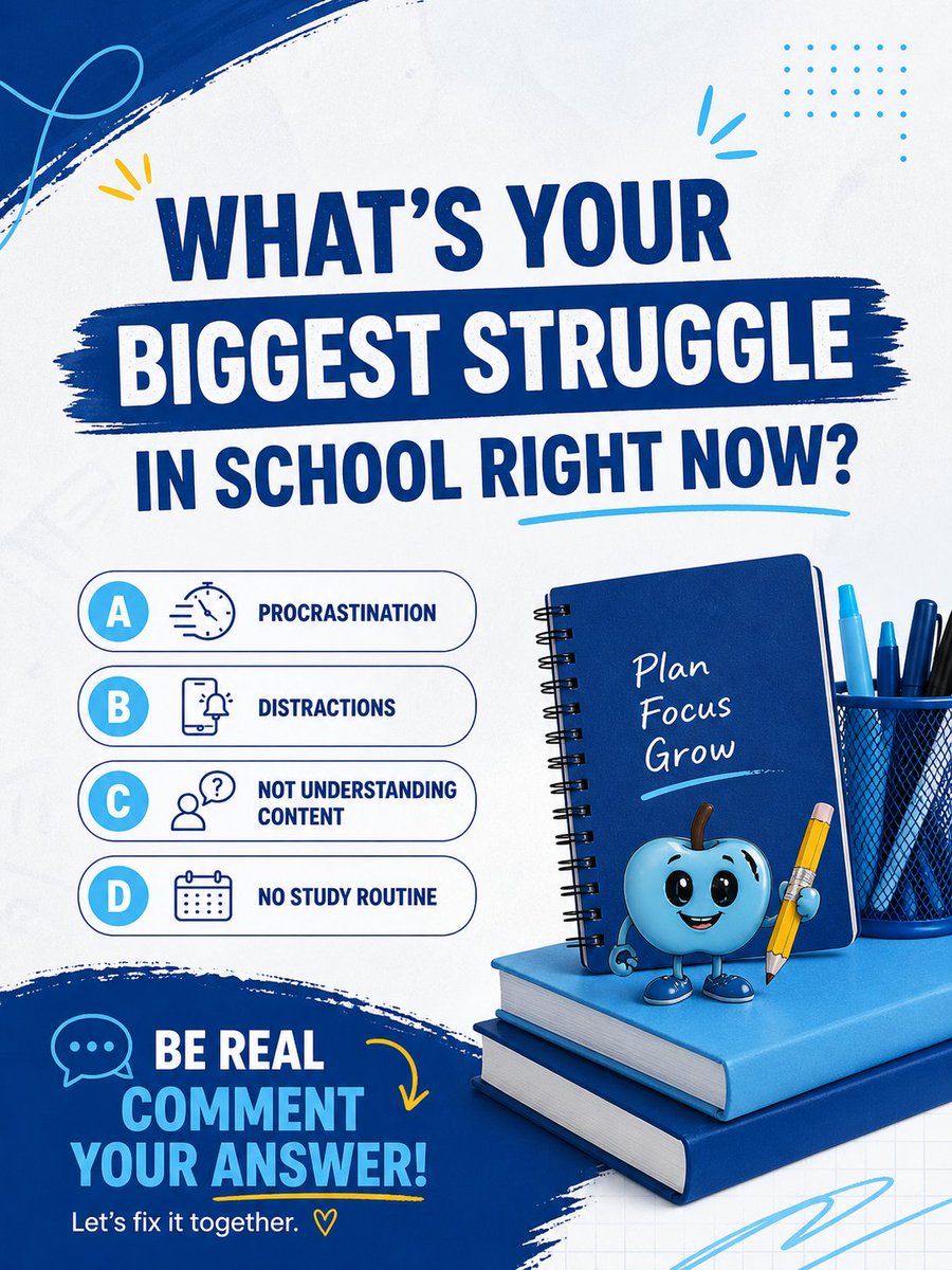Studybuddy19515's tweet image. What’s your biggest struggle in school right now? 👇

A. Procrastination
B. Distractions
C. Not understanding content
D. No routine

Reply with A, B, C, or D. Let’s fix it.

#StudyBuddy #StudentLife #StudyTips #BackToSchool #Productivity