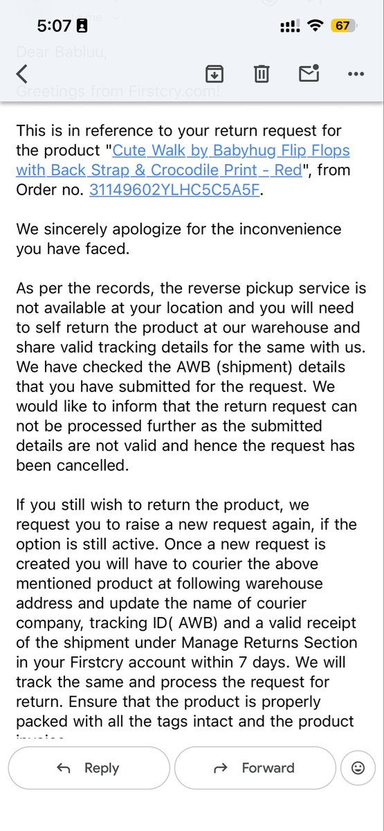 Amy712singh's tweet photo. @firstcryindia what bullshit is this? Why will I spend and return to you? Why did you send the product if you are not capable pf picking up incase of return? Selling low quality product and now making tantrums for the return. https://t.co/xMz1wgZ2P0