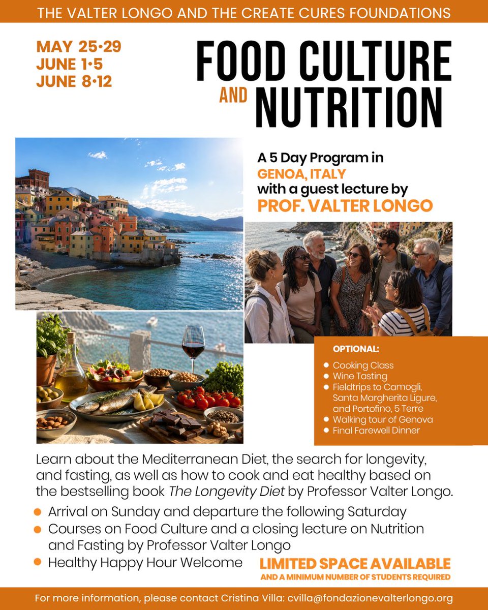 ProfValterLongo's tweet photo. Valter Longo Foundation and Create Cures Foundation
5-day immersive program exploring nutrition, food culture, cooking, movement, and local traditions
Featuring a special lecture by Prof Valter Longo
May 25-29 June 1-5 June 8-12 
For info cvilla@fondazionevalterlongo.org https://t.co/mWSijv1ZOl