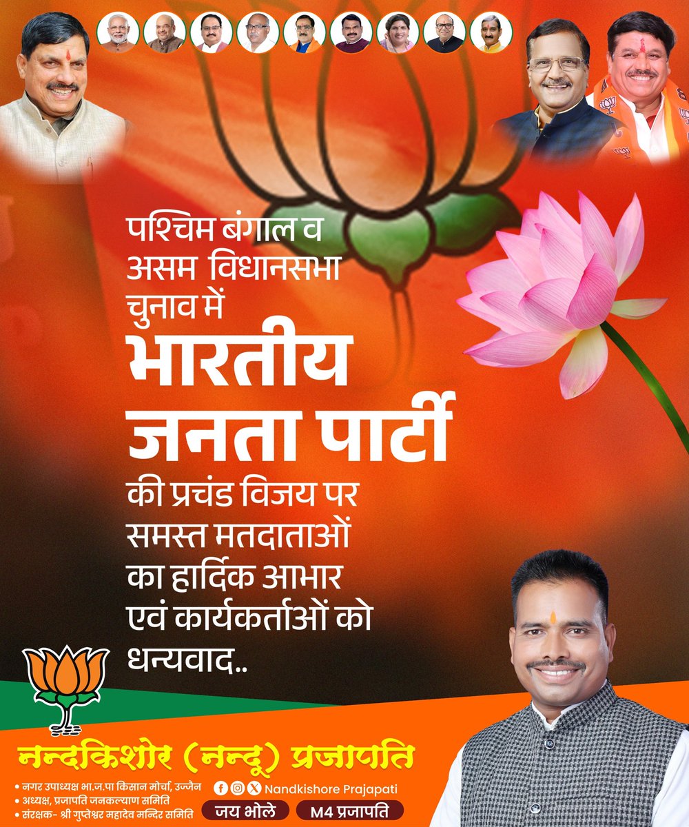 विधानसभा चुनाव 2026 में भाजपा की प्रचण्ड विजय पर देवतुल्य जनता का आभार, जीते हुए समस्त प्रत्याशियों एवं सभी कर्मठ कार्यकर्ताओं को बधाई एवं शुभकामनाएँ।