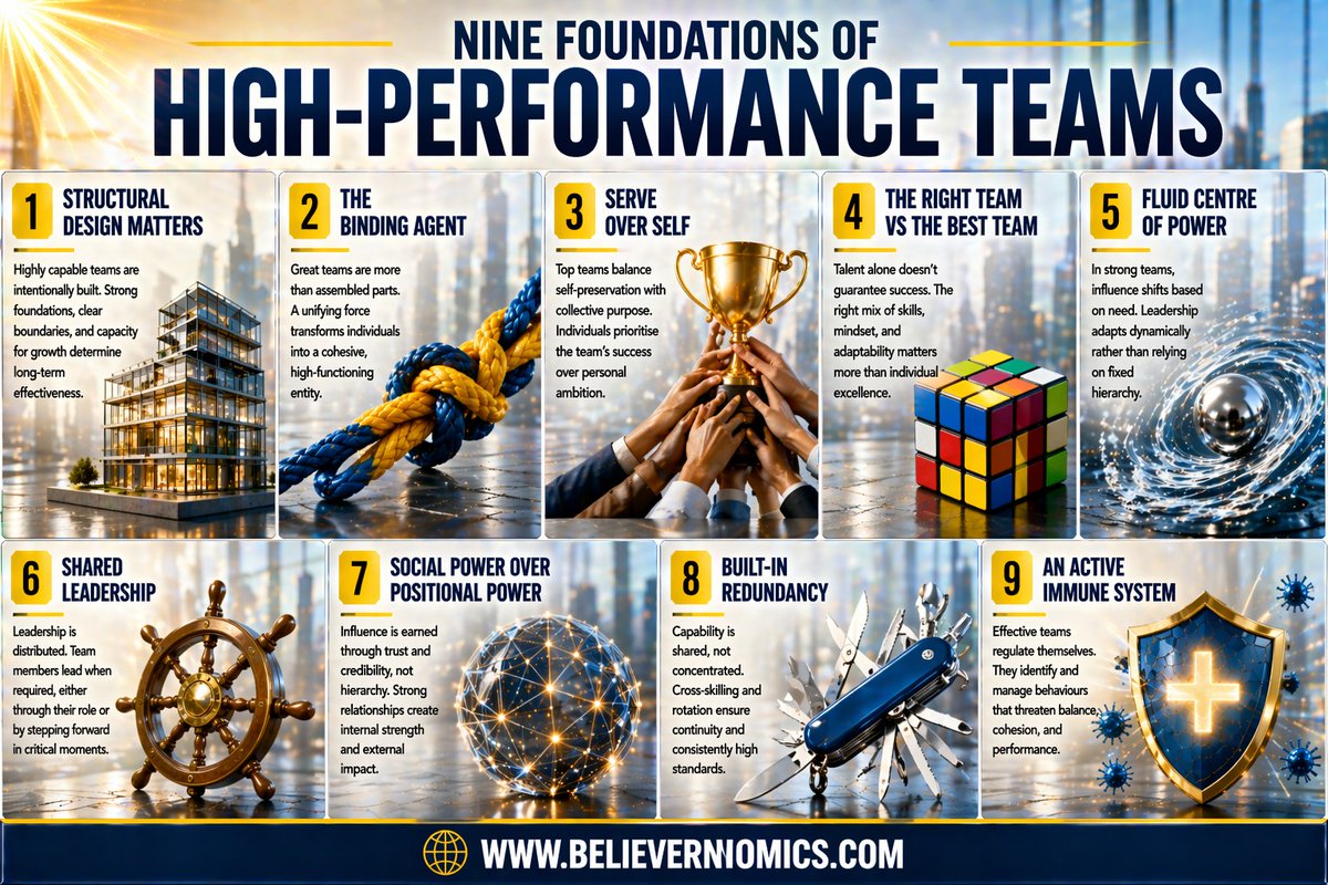 Believernomics's tweet image. Nine foundations of high performance teams. #leadership #business #success #startup #entrepreneur #infographic #infographics #mondayvibes #mondaythoughts #mondaymotivation