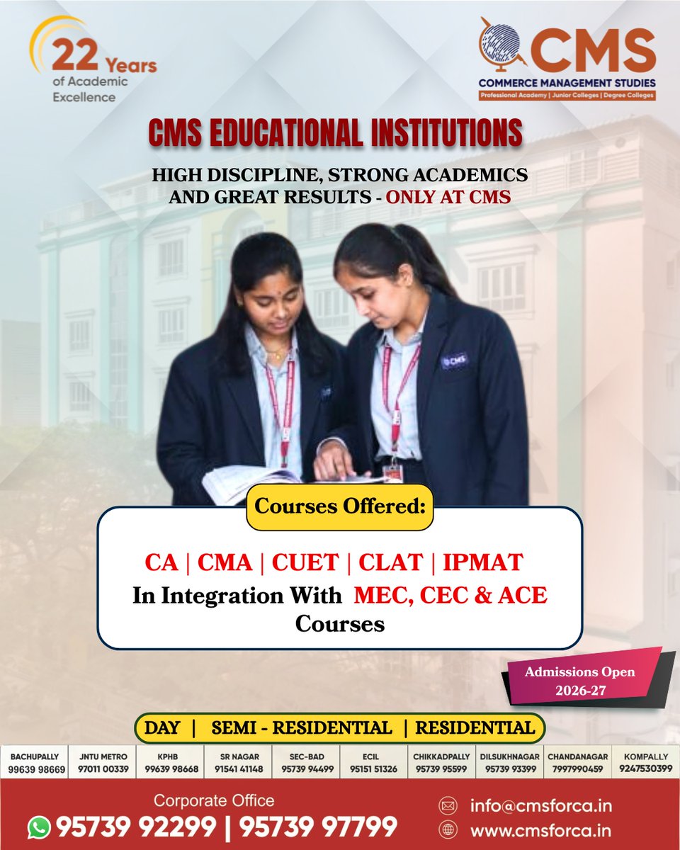 ForCms88459's tweet image. 🎓 CMS Educational Institutions
✨ 22 Years of Excellence
✔ CA | CMA | IPMAT | CUET | CLAT
✔ MEC, CEC &amp;amp; ACE Integration
✔ Strong Academics + Results

📢 Admissions Open 2026–27
📞 95739 92299
🌐 cmsforca.in
#CMS #MEC #CEC #ACE #CAFoundation #CMAFoundation