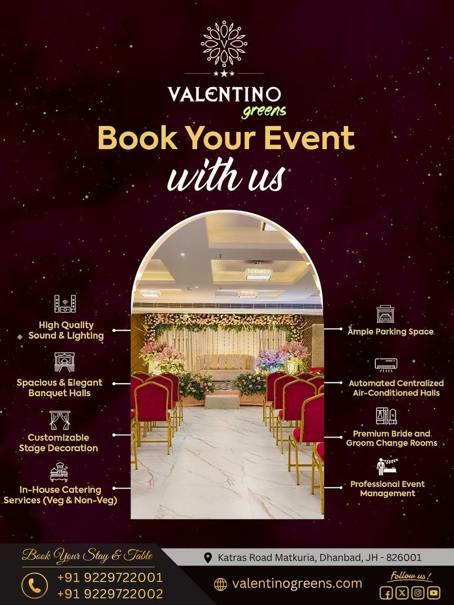 GreensVale23346's tweet image. Your search for the perfect venue ends here! 🏰 Book Your Event with us at Valentino Greens and experience elegance like never before.

✅ In-House Catering
✅ Customizable Decor
✅ Centralized AC

📞 Call today: +91 9229722002

#CelebrateWithUs #DhanbadDiaries  #ValentinoGreens