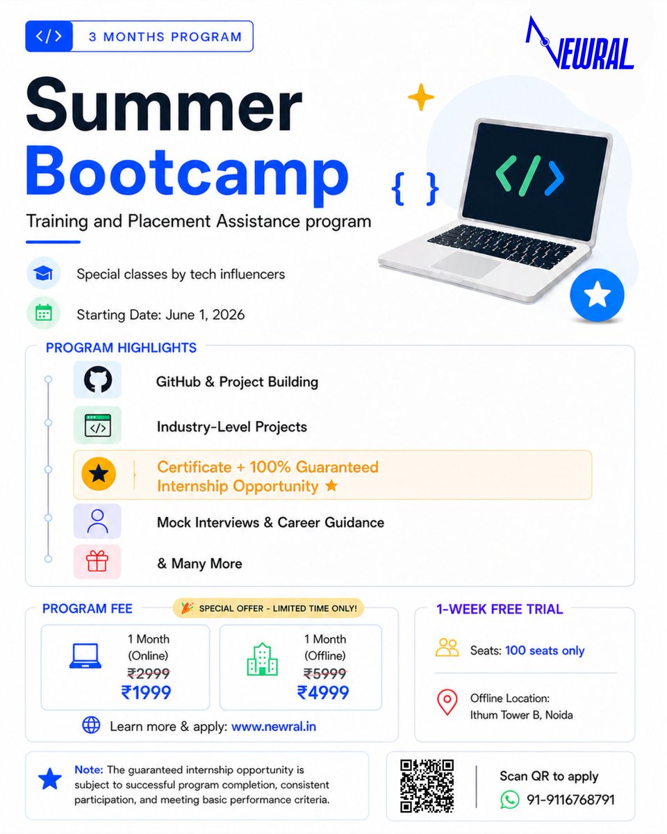 Ready to level up your tech career this summer? ✨

Limited seats. Big opportunities. Start your journey today !!!
#summerbootcamp #LearnToCode #TechCareer #InternshipOpportunity #skillu