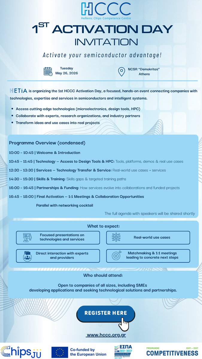 GreekEmergTech's tweet photo. 🔗 Register here: https://t.co/fGJG6MRSb9 
🌐 Learn more about HCCC: https://t.co/1JtLbrnPCA 

#HCCC #ESPA #ProjectESPA #EUfunded #ChipsJU #CompetitivenessGR #EYDE_VEK #HellenicChips #Semiconductors https://t.co/snqk47Eb7z