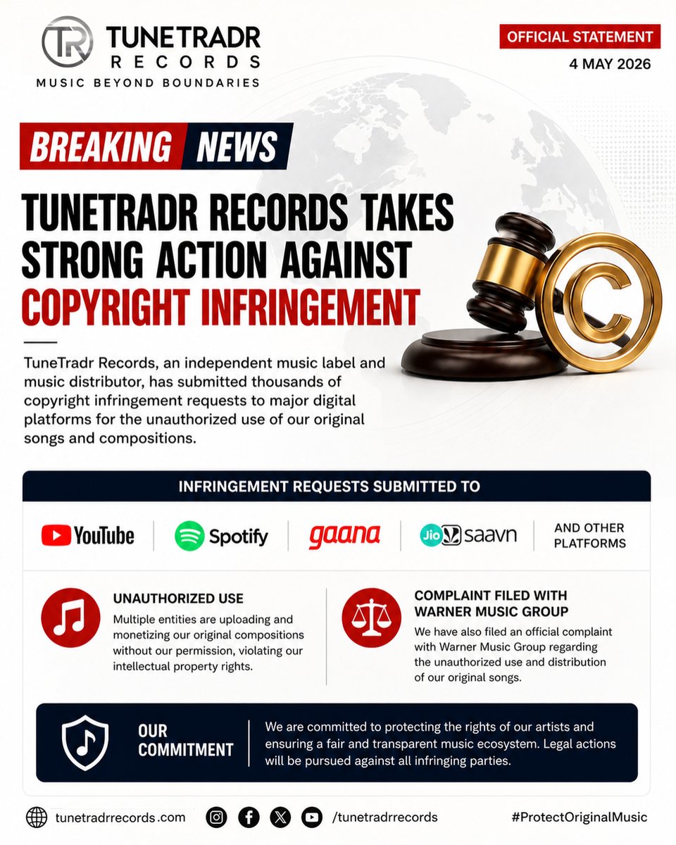 tunetradr's tweet image. This is not a warning. This is action.
TuneTradr Records has filed thousands of copyright infringement claims against unauthorized use of our original compositions across major streaming platforms.
We will continue to take strict action against any misuse of our music.
#copyright