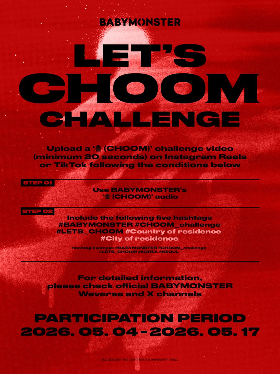 #BABYMONSTER ‘춤 (CHOOM)’ CHALLENGE

▶️weverse.io/babymonster/no…

#베이비몬스터 #3rdMINIALBUM #춤 #CHOOM #CHOOM_challenge #LETS_CHOOM #YG