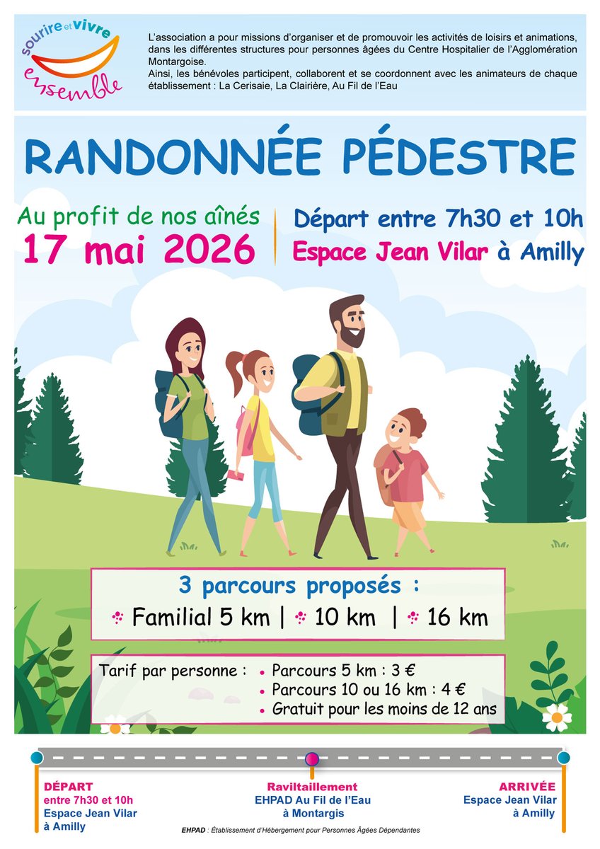 cham45200's tweet photo. 🥾 Randonnée solidaire - Dimanche 17 mai 2026
Au profit de nos aînés 👵👴

Rejoignez-nous pour une marche conviviale, organisée par l'association Sourire et Vivre Ensemble !
📣 Tous les bénéfices seront reversés pour améliorer le quotidien des résidents des EHPAD-USLD du CHAM. https://t.co/wrmDLFQBhN