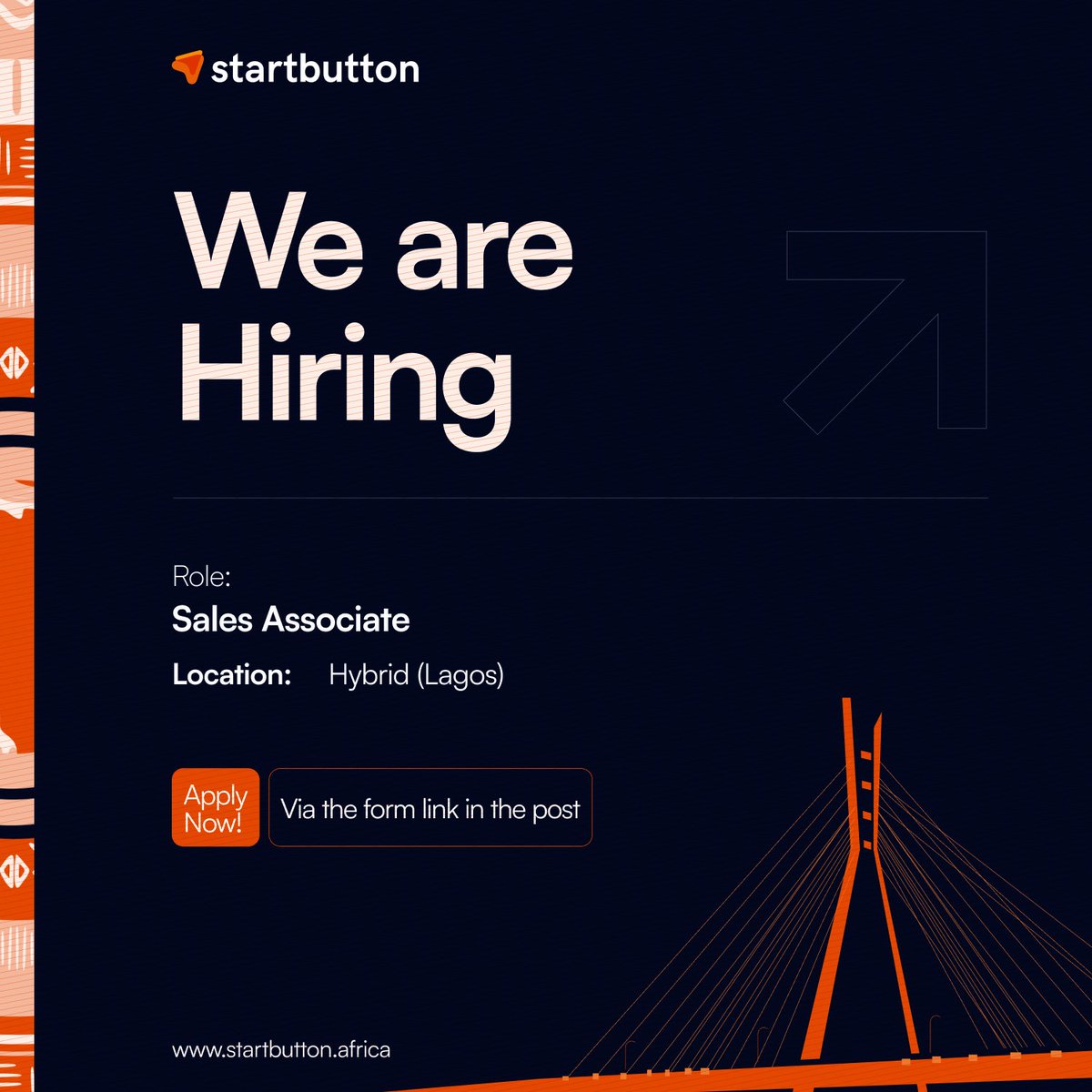 StartbuttonHQ's tweet photo. We are hiring 📣
Role: Sales Associate
Location: Lagos

Startbutton is a Merchant of Record (MoR) company that helps businesses expand and transact seamlessly across Africa. We enable merchants operate in multiple countries on the continent, transact in their local currency, while ensuring compliance with regulatory requirements.

We are seeking a dynamic and results-driven Sales Associate who will be responsible for driving the growth of our products and services through effective sales and client retention strategies. The candidate should have a strong understanding of both sales and account management principles, excellent communication skills, and a proven track record of achieving sales targets and driving brand awareness.

Interested candidates who meet the requirements should apply using this link: https://t.co/rXl0T5yMXJ