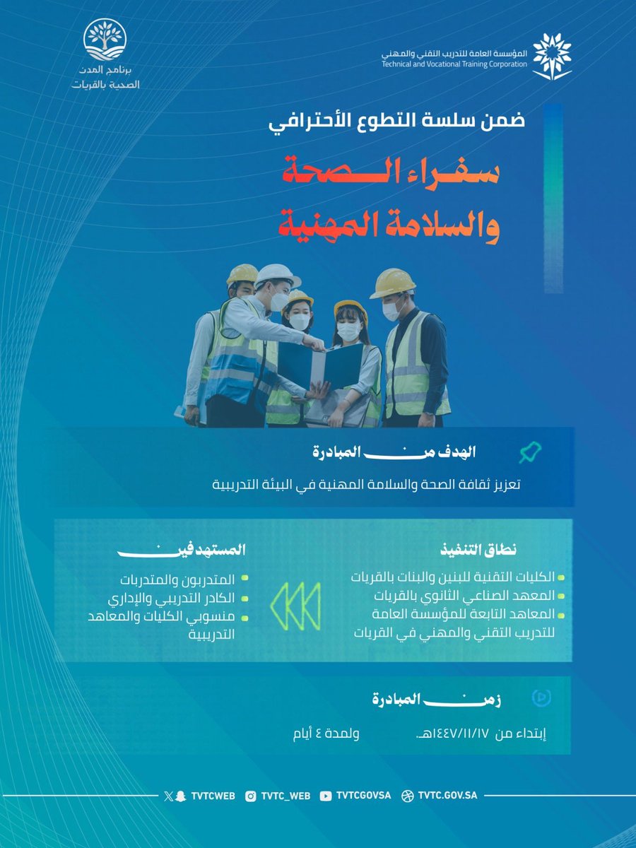 Hcp_Qurayat's tweet photo. ضمن سلسلة التطوع الاحترافي وبالتعاون مع برنامج المدن الصحة بالقريات
تنطلق مبادرة سفراء الصحة والسلامة المهنية لتعزيز الوعي بثقافة الصحة والسلامة في البيئة التدريبية.

معًا نحو بيئة أكثر أمانًا وإنتاجية
#التدريب_التقني
#المدن_الصحية
#برنامج_المدن_الصحية
#القريات https://t.co/Q704JDtIyK